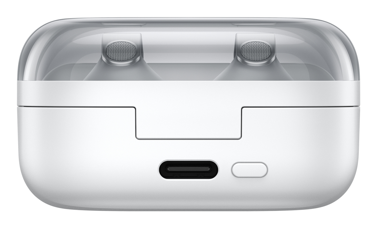 Estuche de carga blanco con tapa transparente y puerto USB-C.