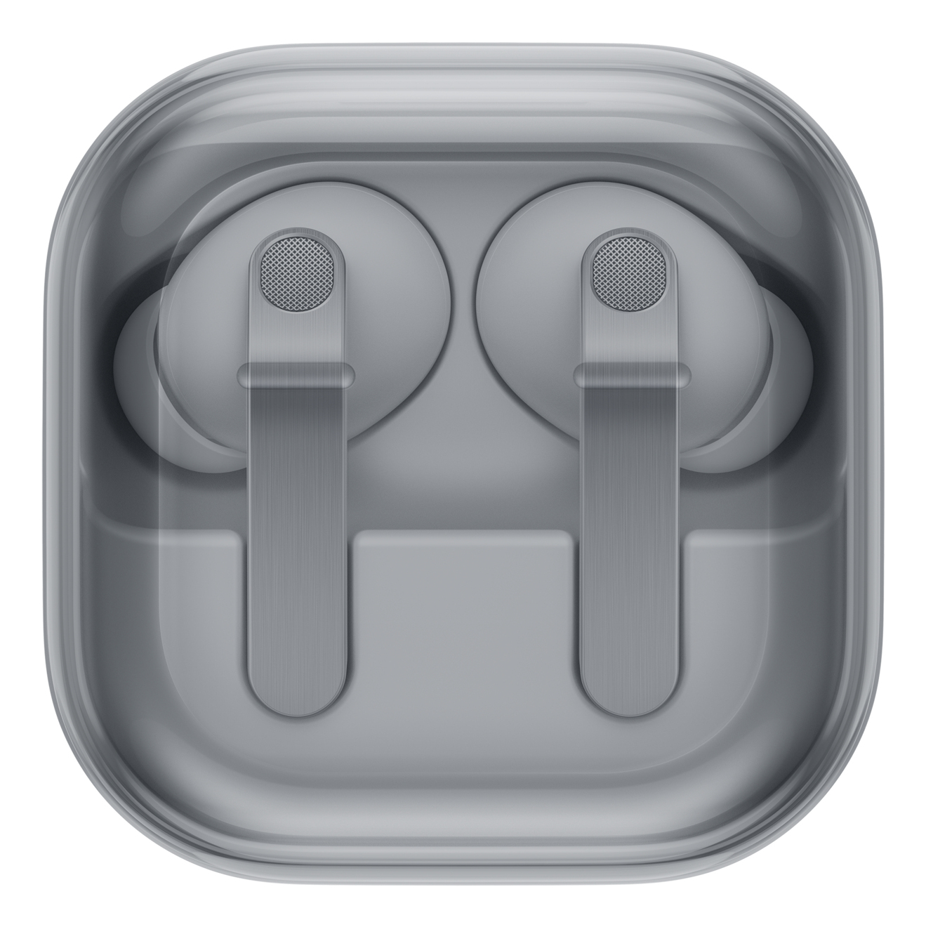 Auriculares inalámbricos grises dentro de un estuche de carga cuadrado.