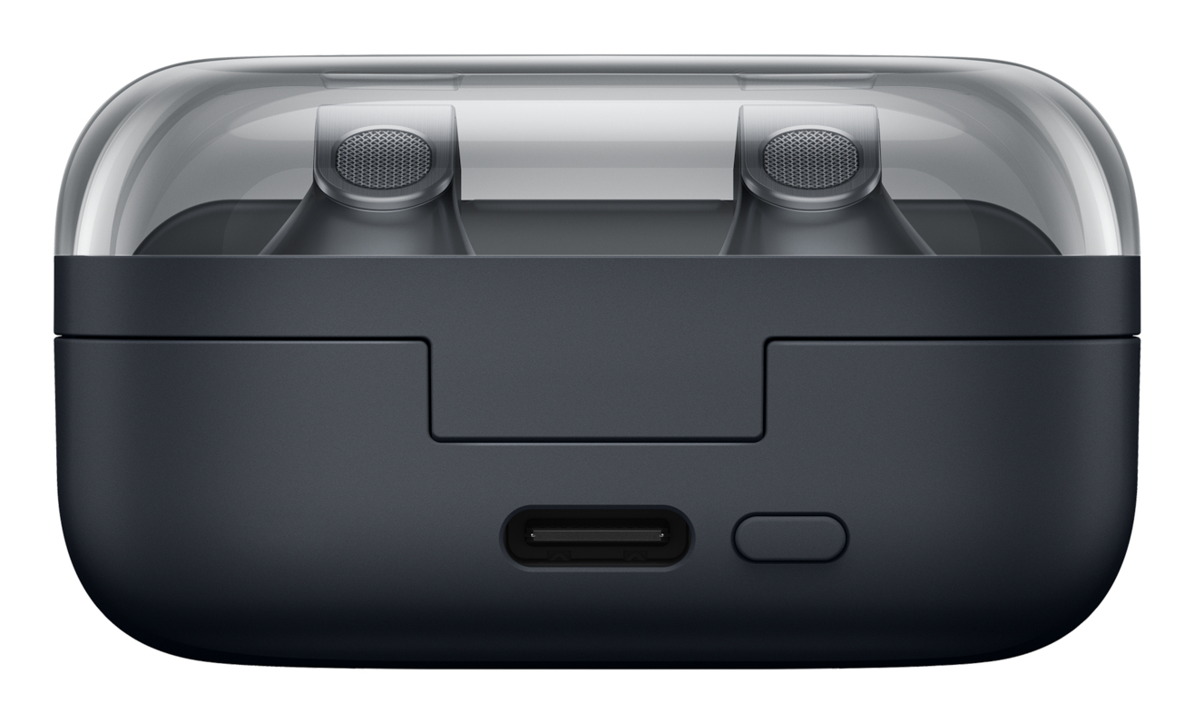 Custodia di ricarica nera con coperchio trasparente, due auricolari visibili, porta USB-C e un pulsante.