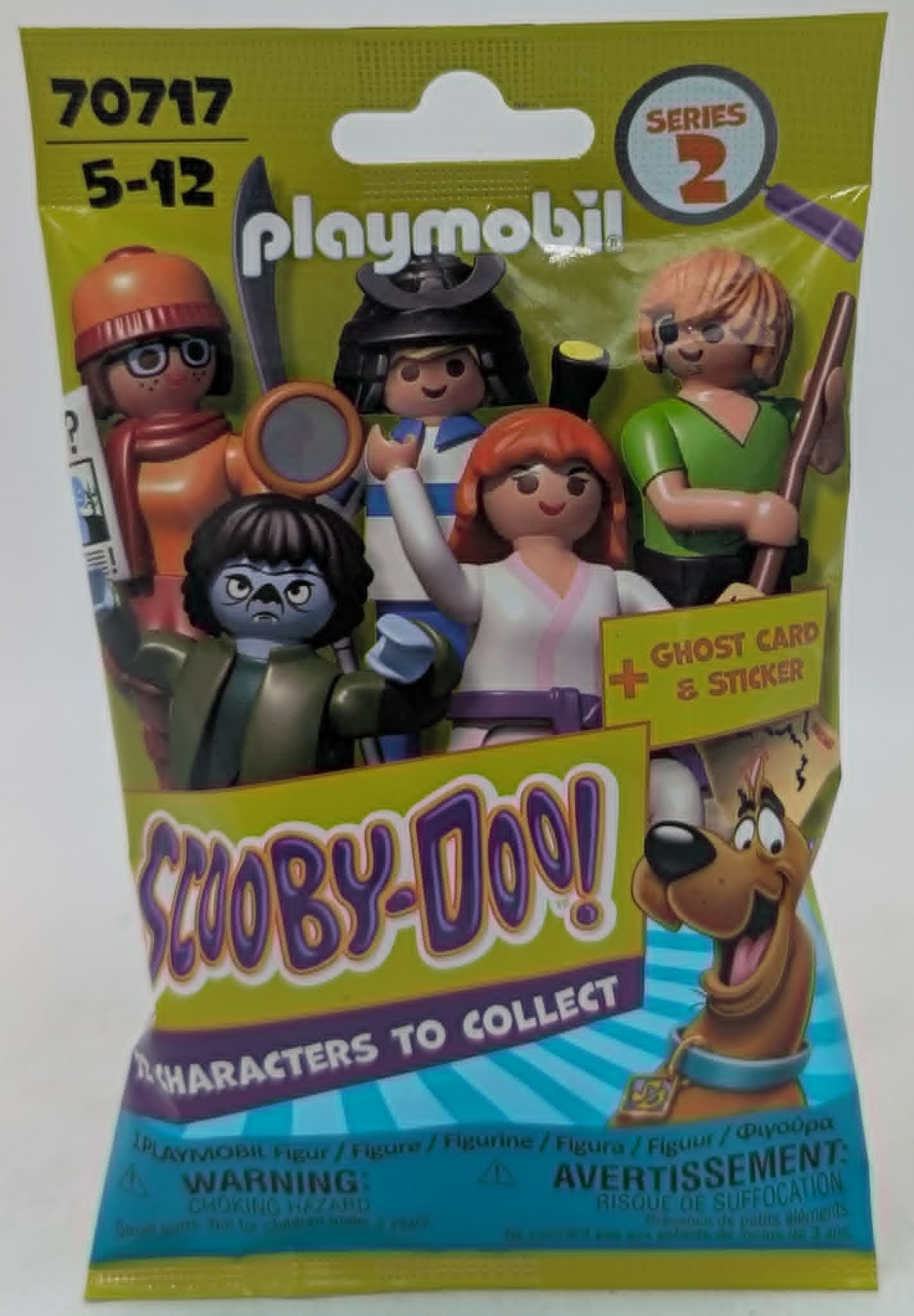 Playmobil Scooby-Doo Überraschungstüte Serie 2 mit Charakteren wie Shaggy, Velma und einem Geist.