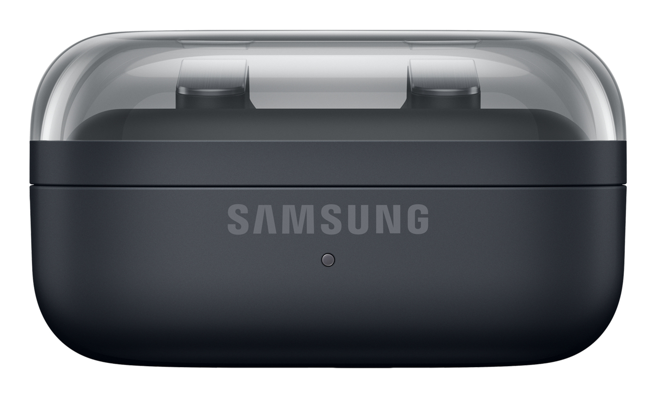 Ein schwarzes Ladeetui für kabellose Samsung-Ohrhörer mit transparentem Deckel.