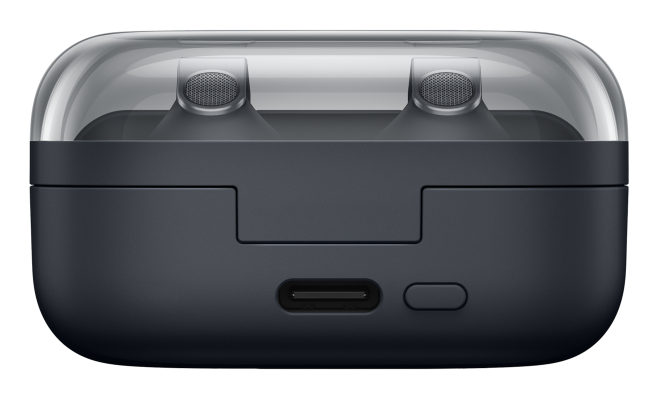 Ein schwarzes Ladeetui für kabellose Ohrhörer mit transparentem Deckel, USB-C-Anschluss und Kopplungstaste.
