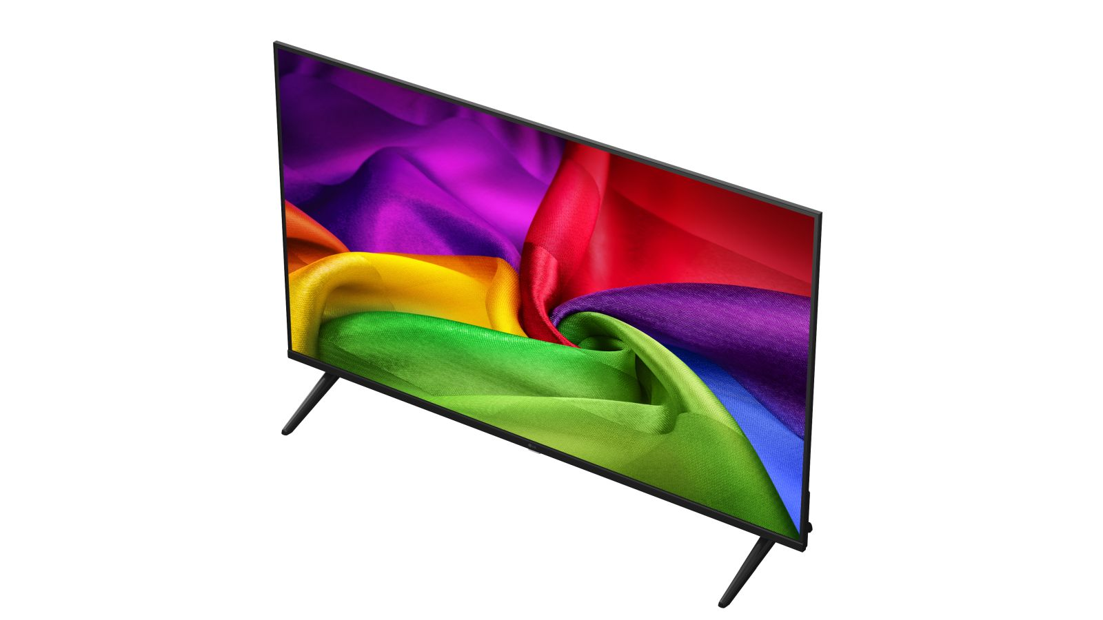 Ein moderner Flachbildfernseher auf dünnen Beinen zeigt lebendige, farbenfrohe Seidenstoffe mit violetten, roten, gelben und grünen Falten.
