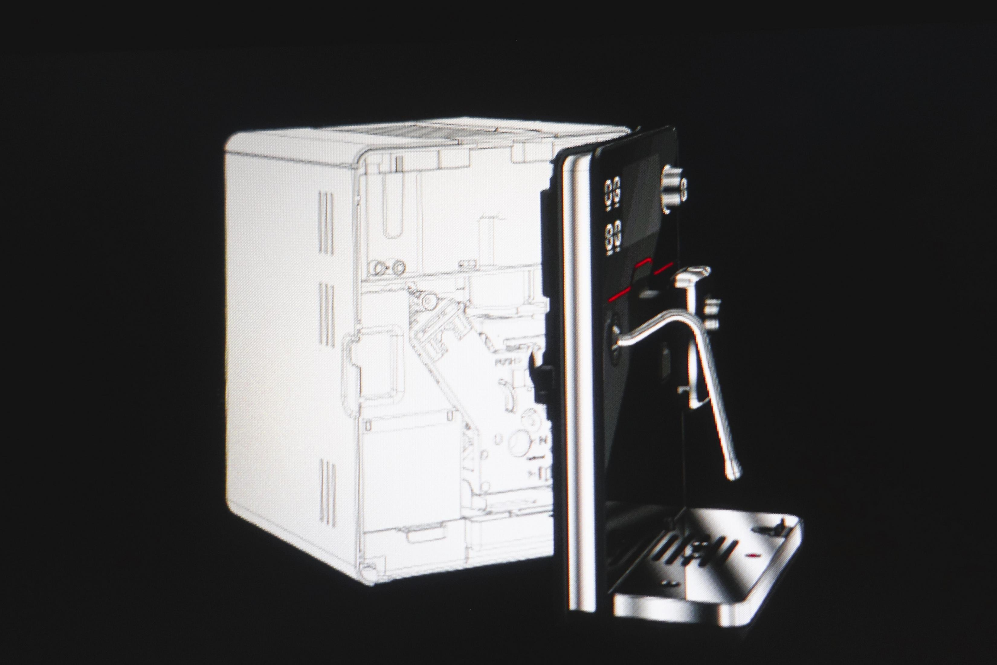 Technische Zeichnung einer modernen Kaffeemaschine mit sichtbaren inneren Komponenten.
