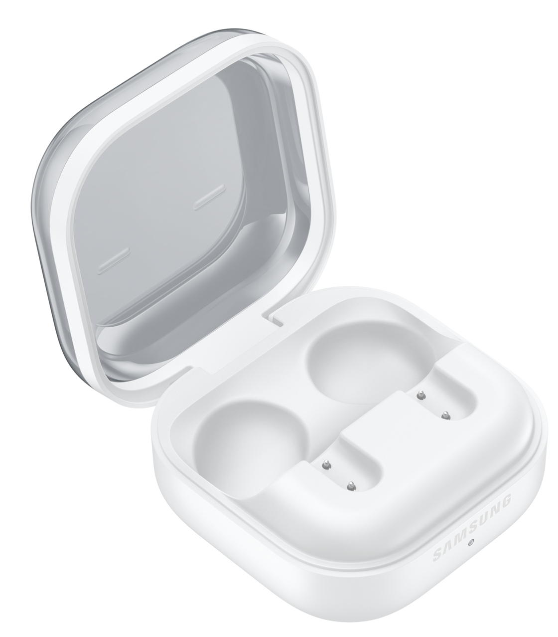 Un boîtier de charge Samsung blanc ouvert sur fond clair, avec deux emplacements vides.