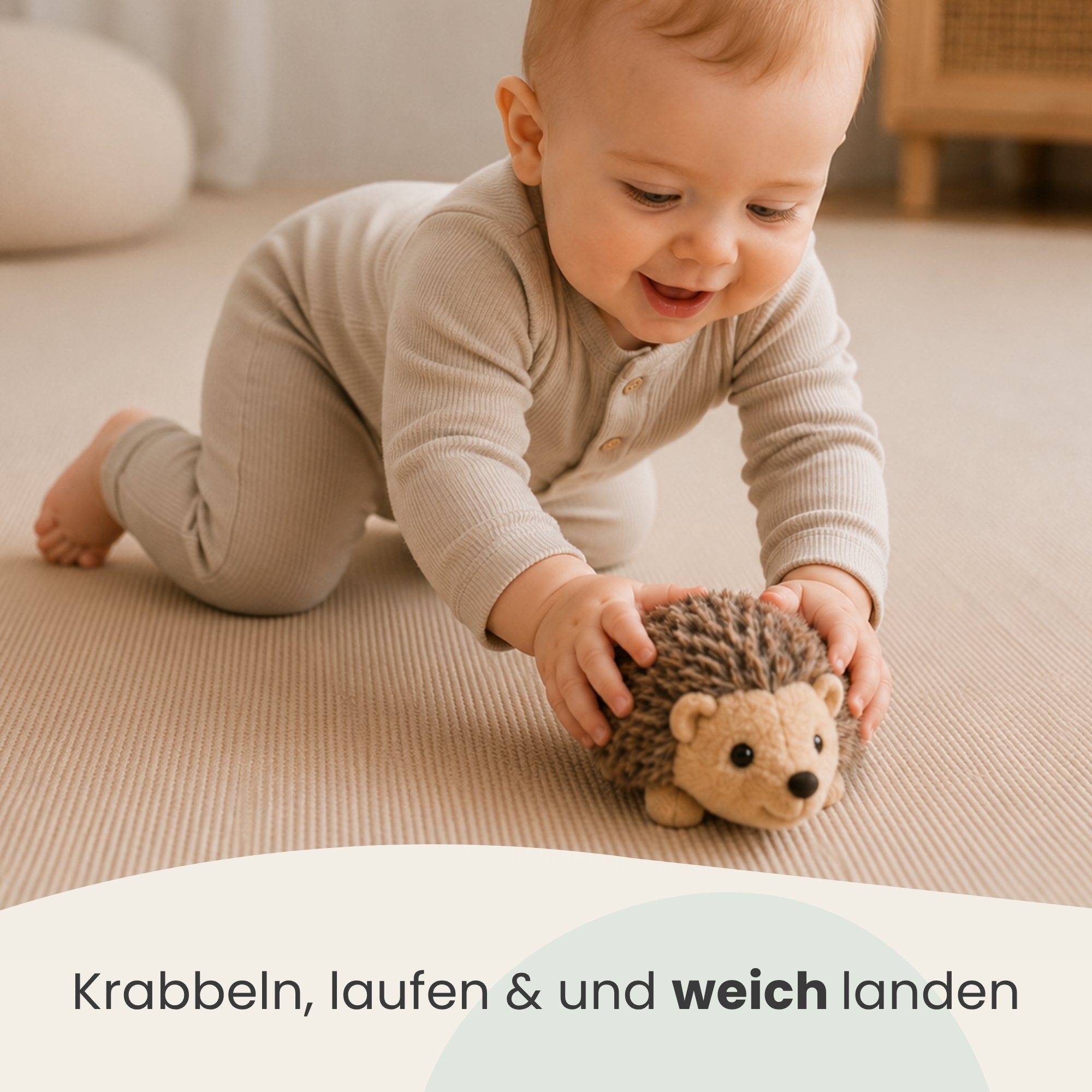 Ein Baby in beigen Kleidern krabbelt auf einem Teppich und spielt mit einem Stoffigel.