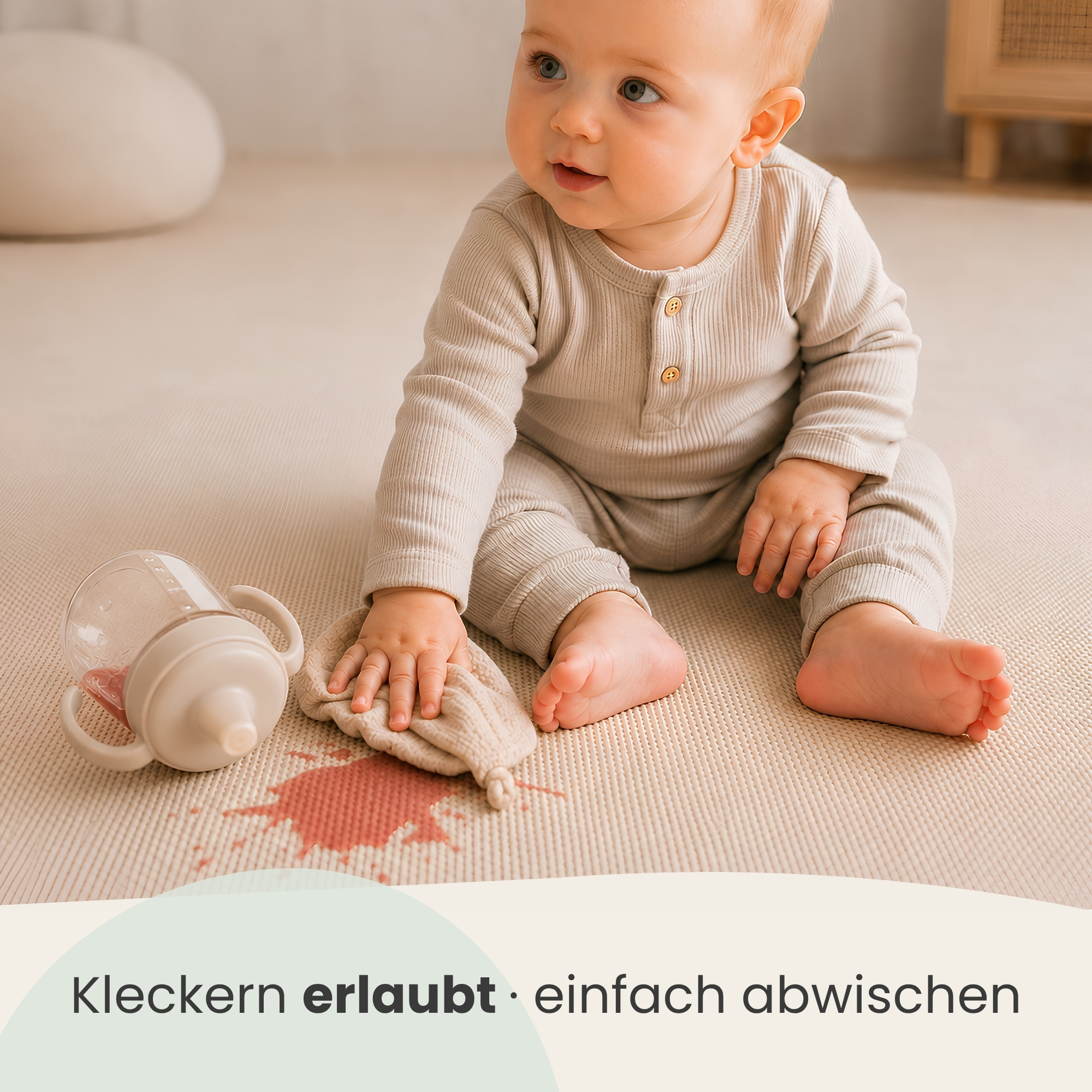 Ein Baby sitzt auf einer Matte neben einer verschütteten Flüssigkeit und wischt diese mit einem Tuch weg.