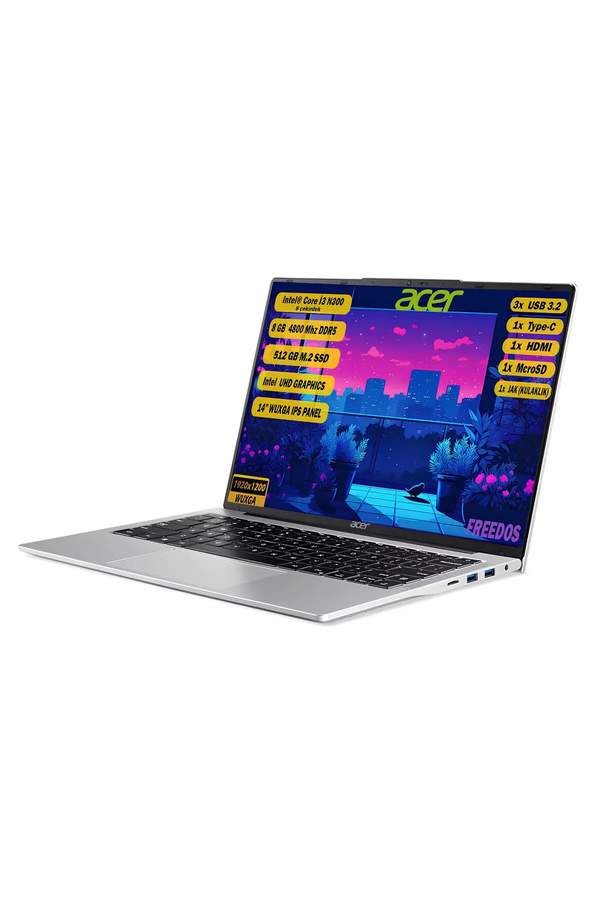 Siyah klavyeli ve teknik özellikleri gösteren mavi ekranlı gümüş renkli Acer dizüstü bilgisayar.