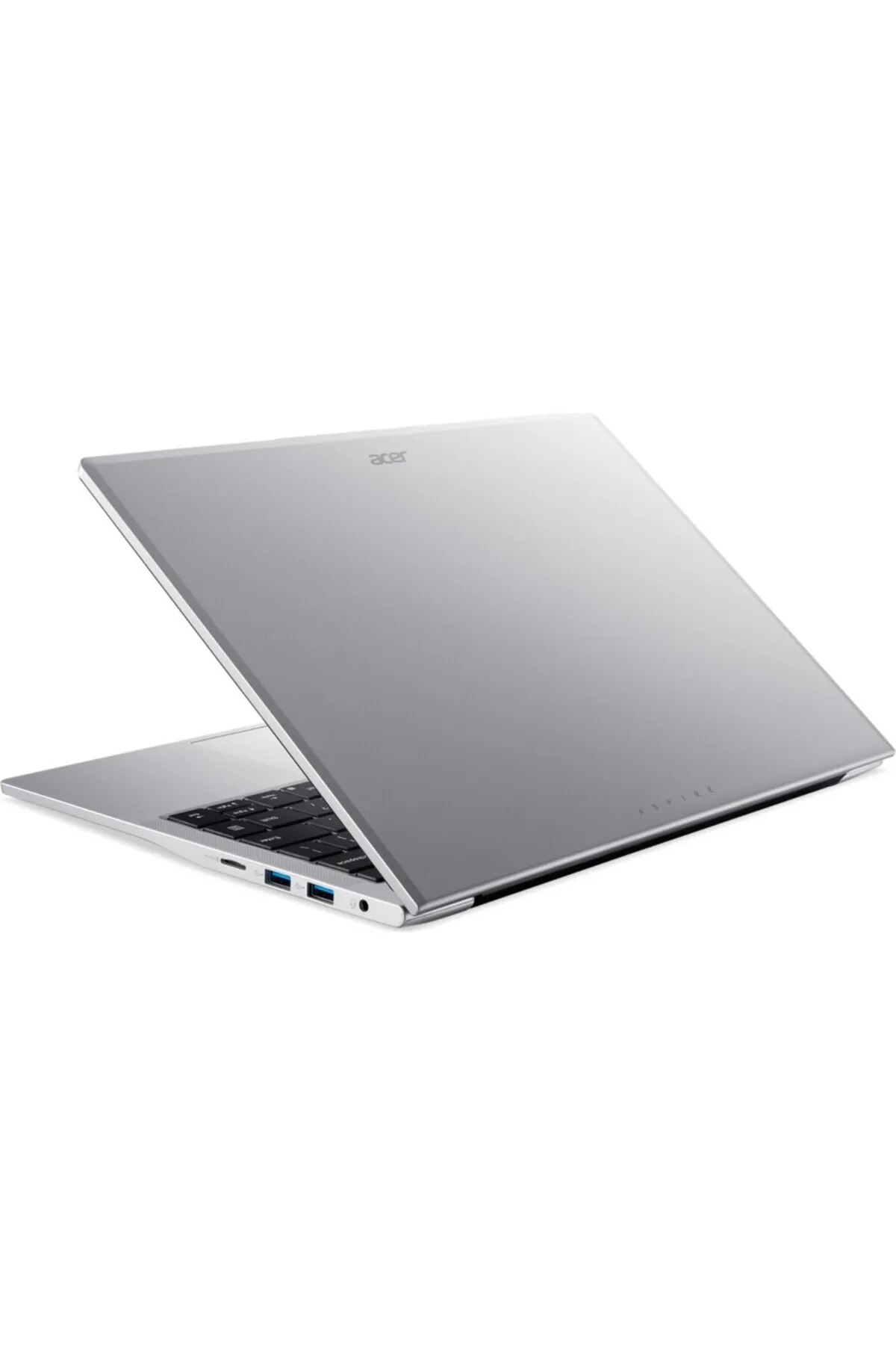 Sağ arka açıdan görünen gümüş renkli Acer dizüstü bilgisayar.