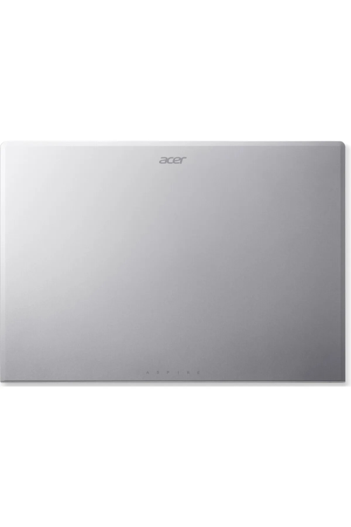 Beyaz arka planda üstte marka logosu ve altta Aspire yazısı olan kapalı gümüş renkli Acer dizüstü bilgisayar.