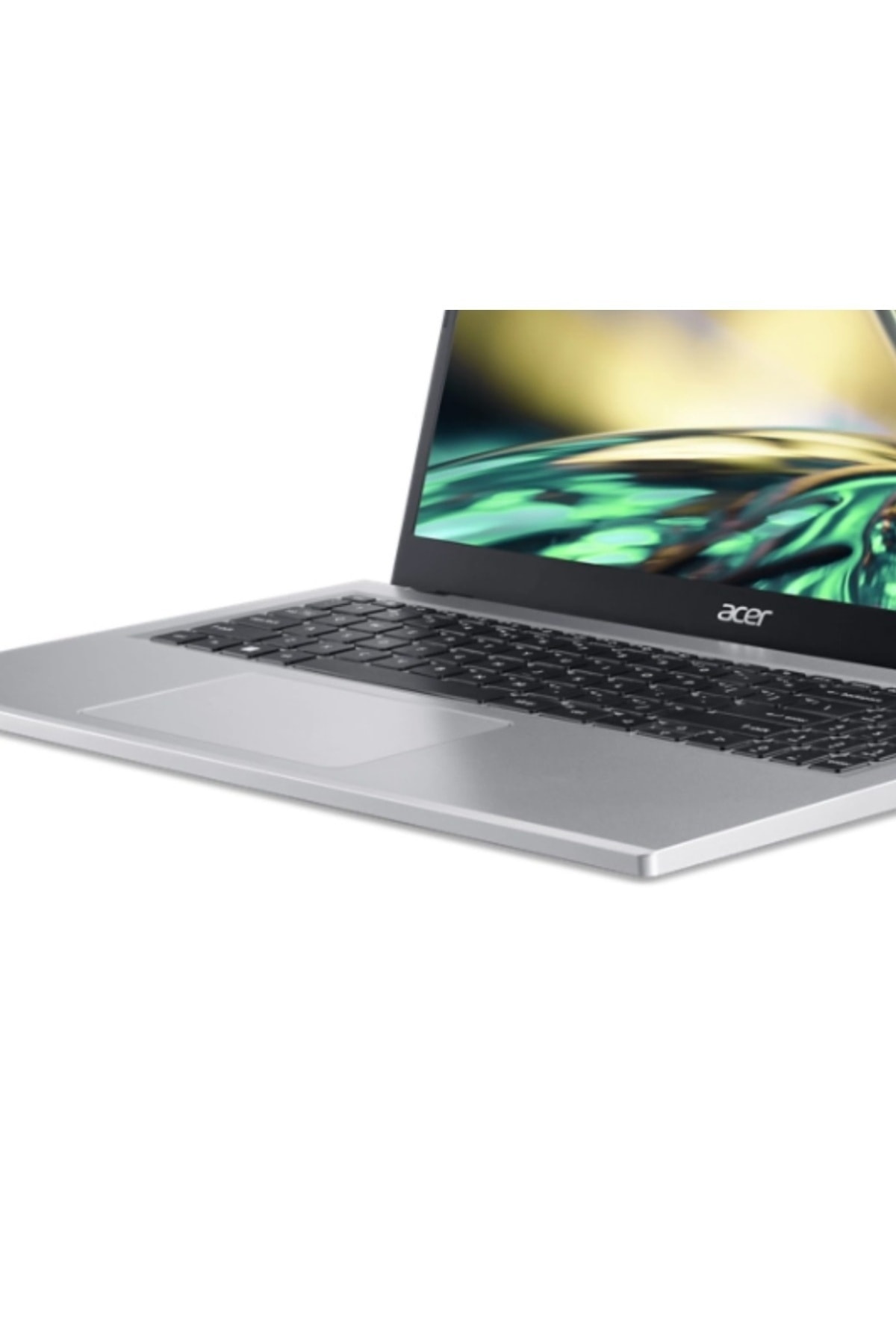 Siyah klavyeli ve ekranda soyut yeşil ve sarı bir görüntüye sahip gümüş renkli bir Acer dizüstü bilgisayar.