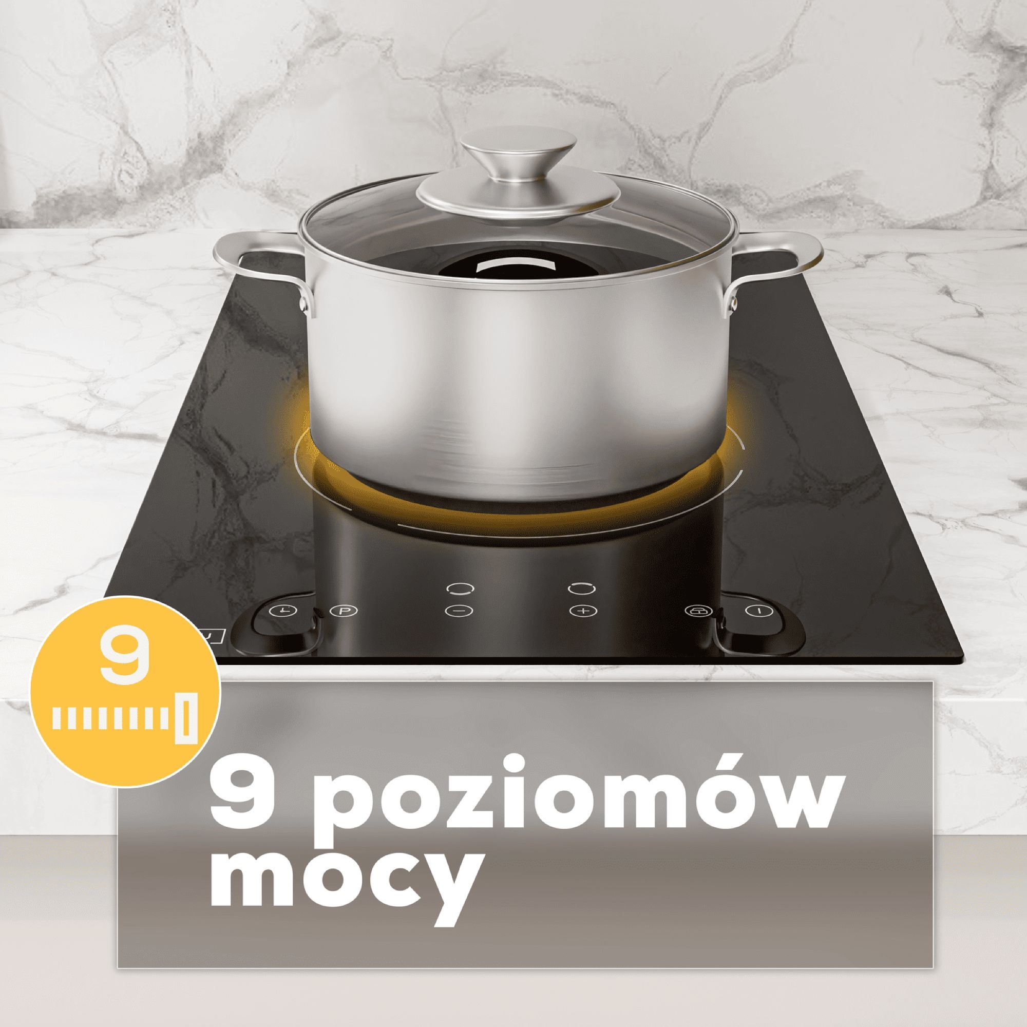 Metalowy garnek ze szklaną pokrywką nagrzewa się na czarnej płycie indukcyjnej.