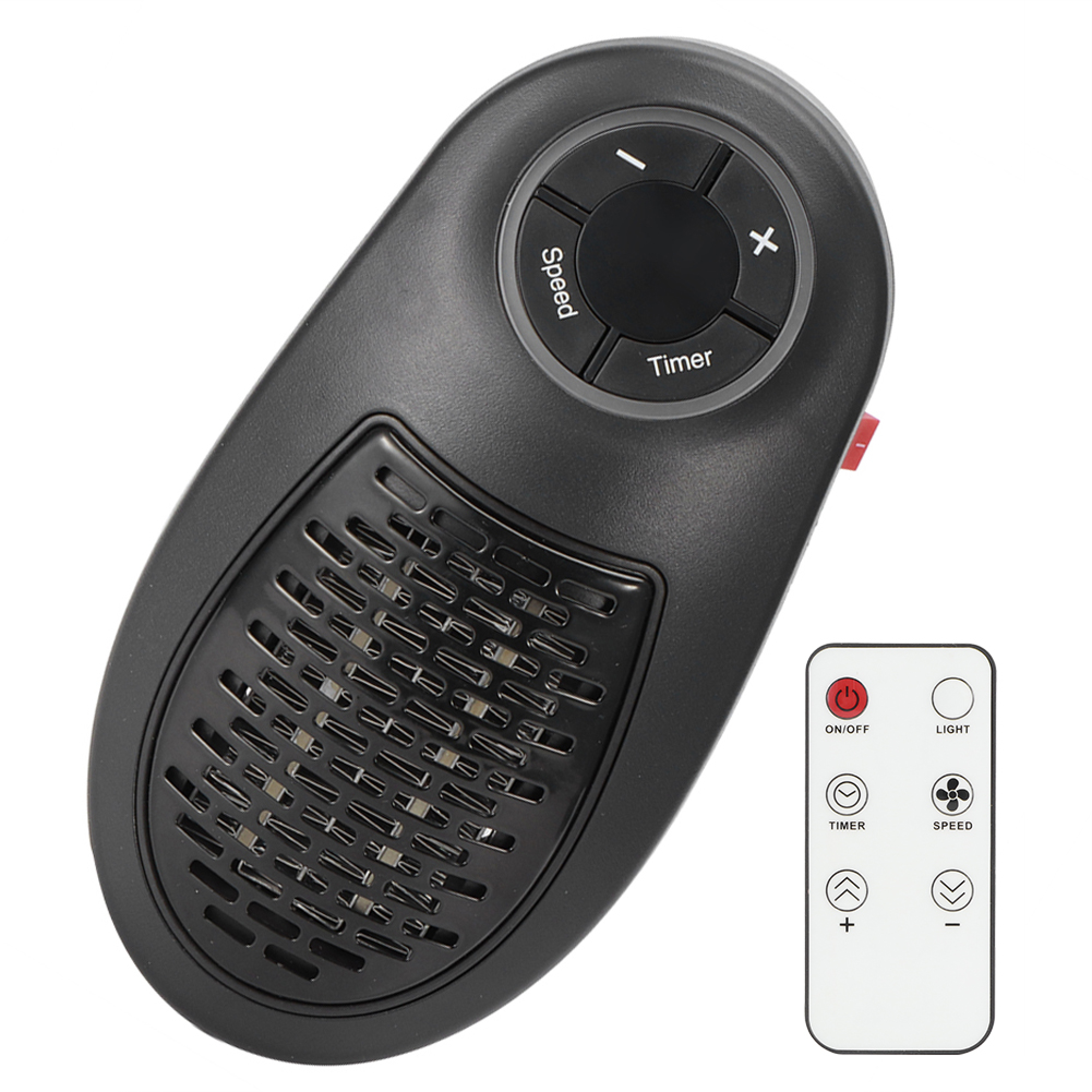 Schwarzer Mini-Heizlüfter mit digitalem Display und Fernbedienung.