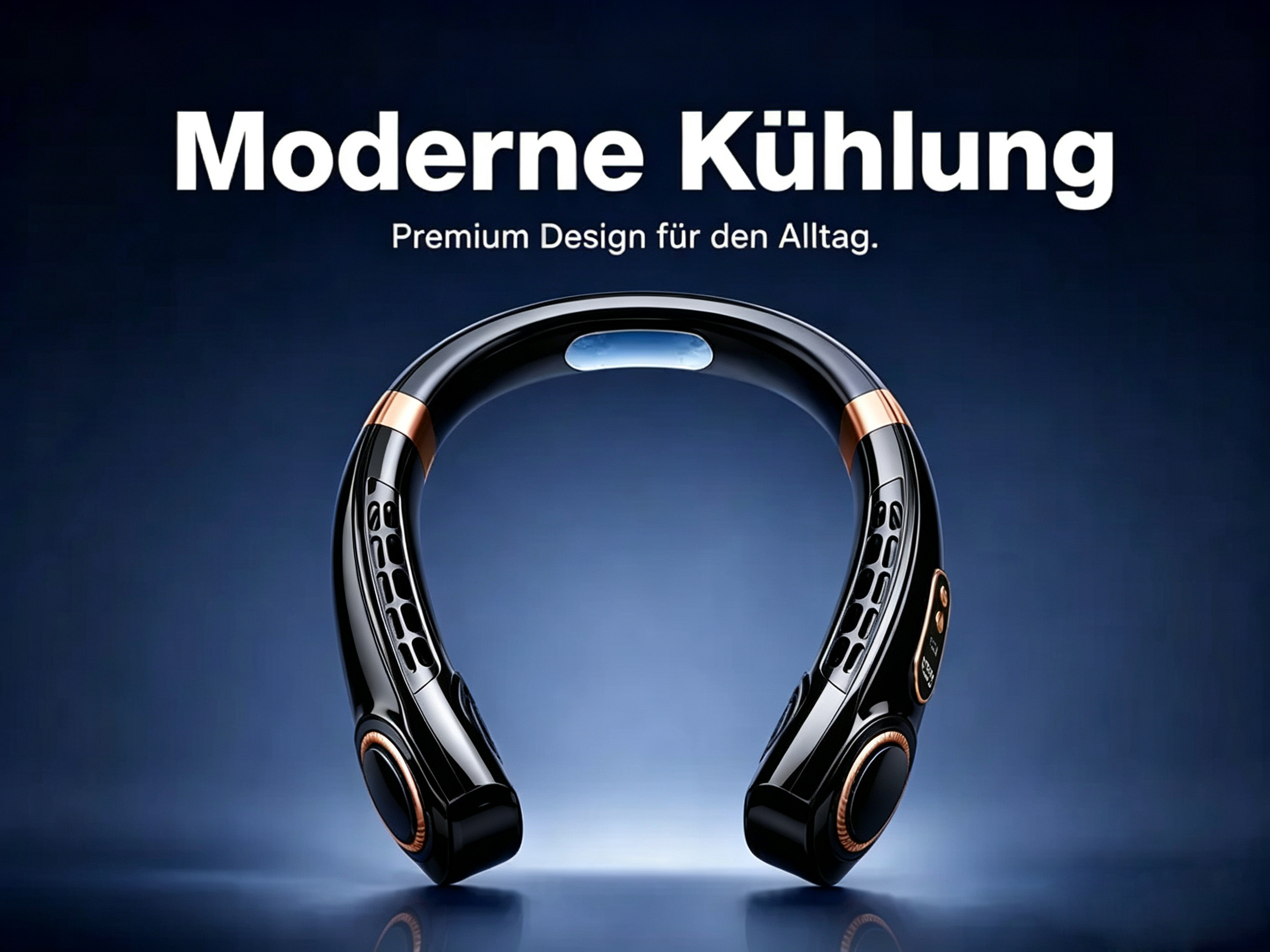 Ein glänzender, schwarzer Nackenfventilator mit kupfernen Akzenten vor einem blauen Hintergrund mit Text.