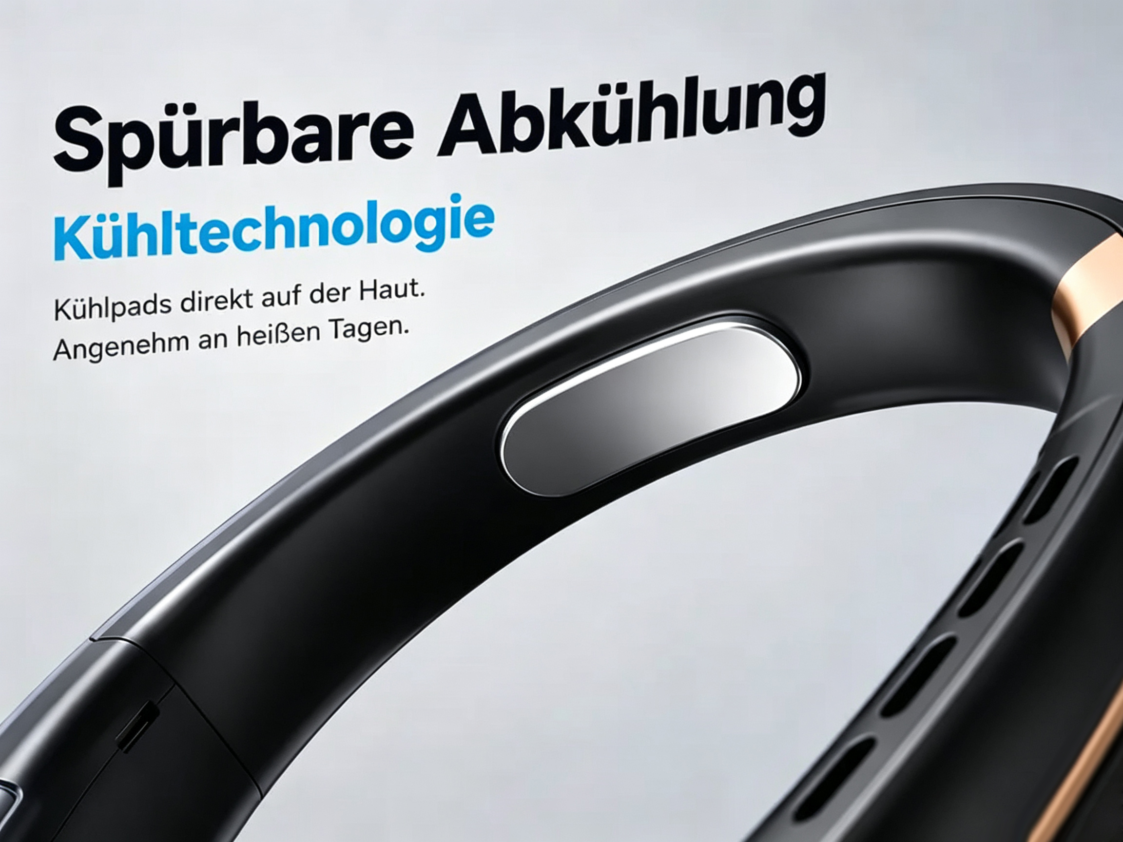 Schwarzes Wearable mit silbernem Kühlpad und deutschem Werbetext über Kühltechnologie.