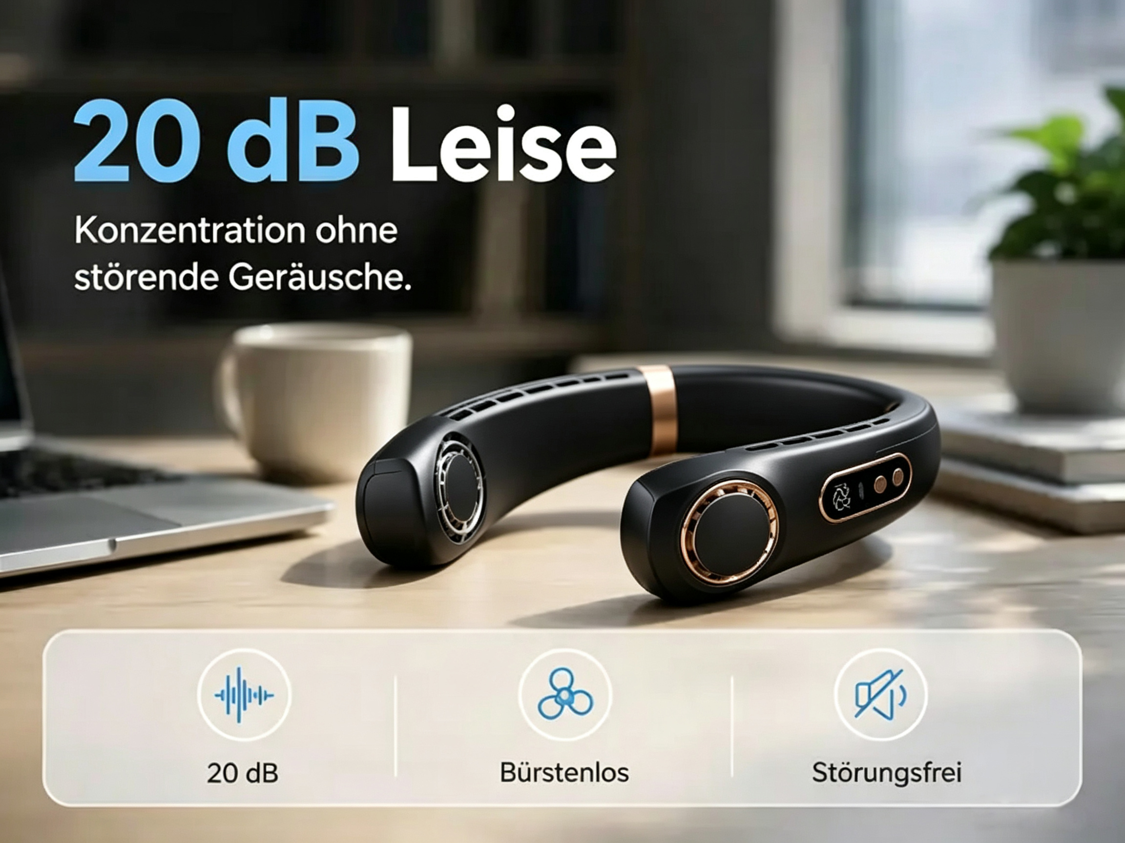 Ein schwarzer Nackenventilator mit rosegoldenen Akzenten liegt auf einem Schreibtisch neben einem Laptop.