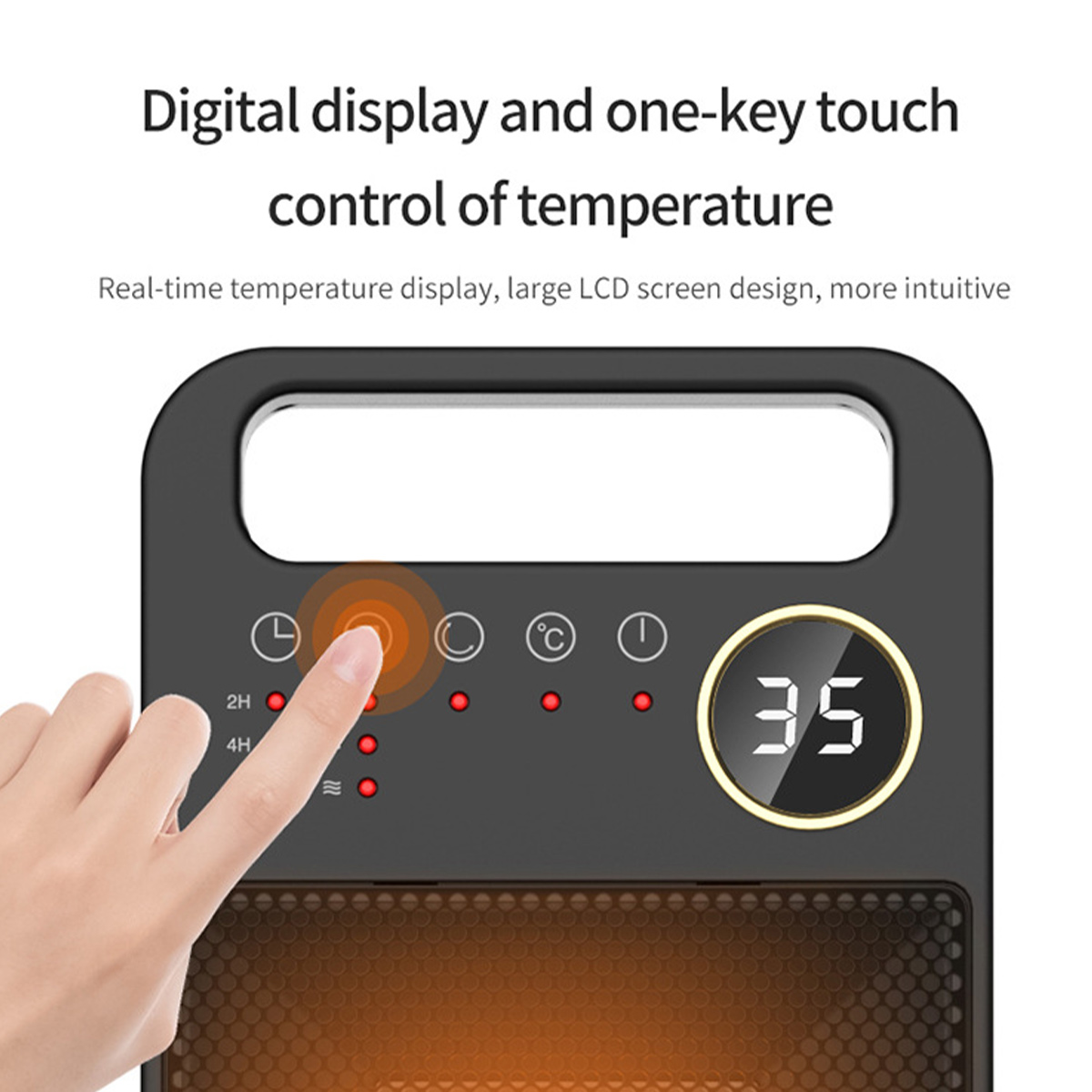 Digitale Temperaturanzeige und Ein-Tasten-Berührungssteuerung auf einem Heizgerät.