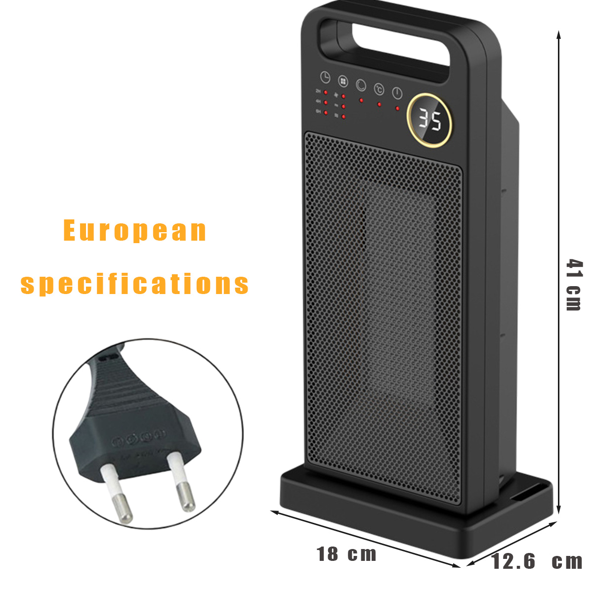 Schwarzer Raumheizer mit Maßen, digitalem Display und europäischem Stecker.