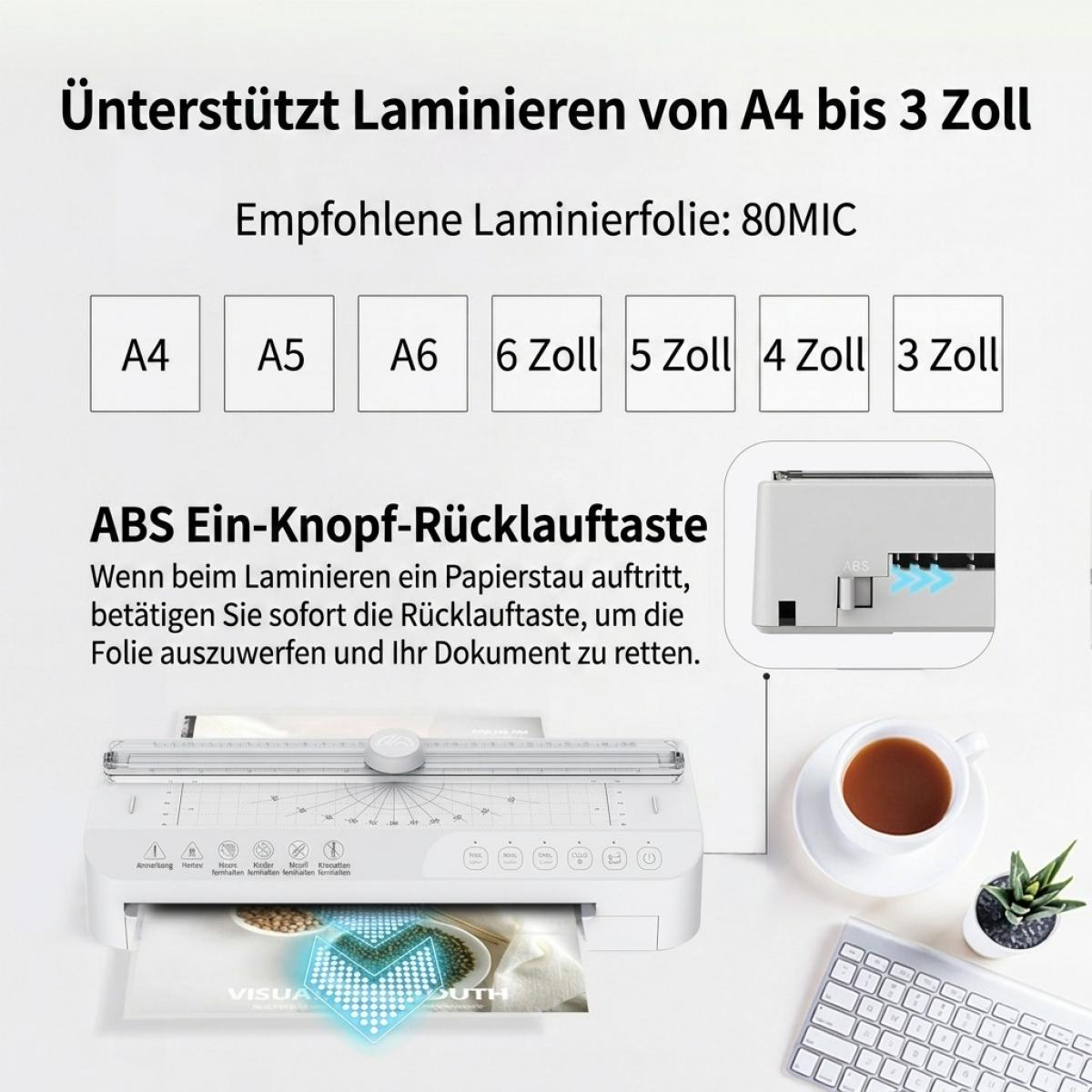Diagramm zeigt Laminiergerät für A4 bis 3 Zoll mit ABS-Rücklauftaste und Zubehör.