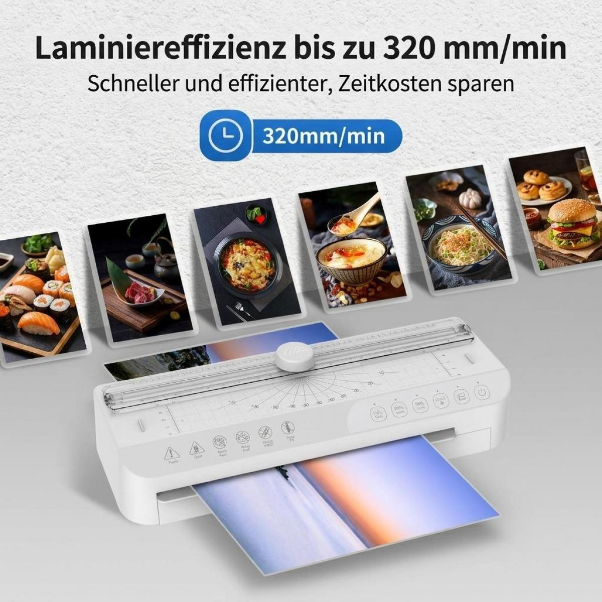 Ein weißes Laminiergerät mit sechs gestapelten Fotos von Speisen im Hintergrund und Text.
