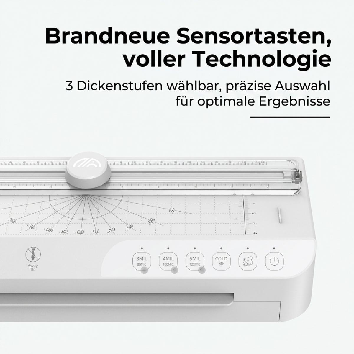 Ein weißes Laminiergerät mit Sensor-Tasten und Schnittführung für präzise Ergebnisse.