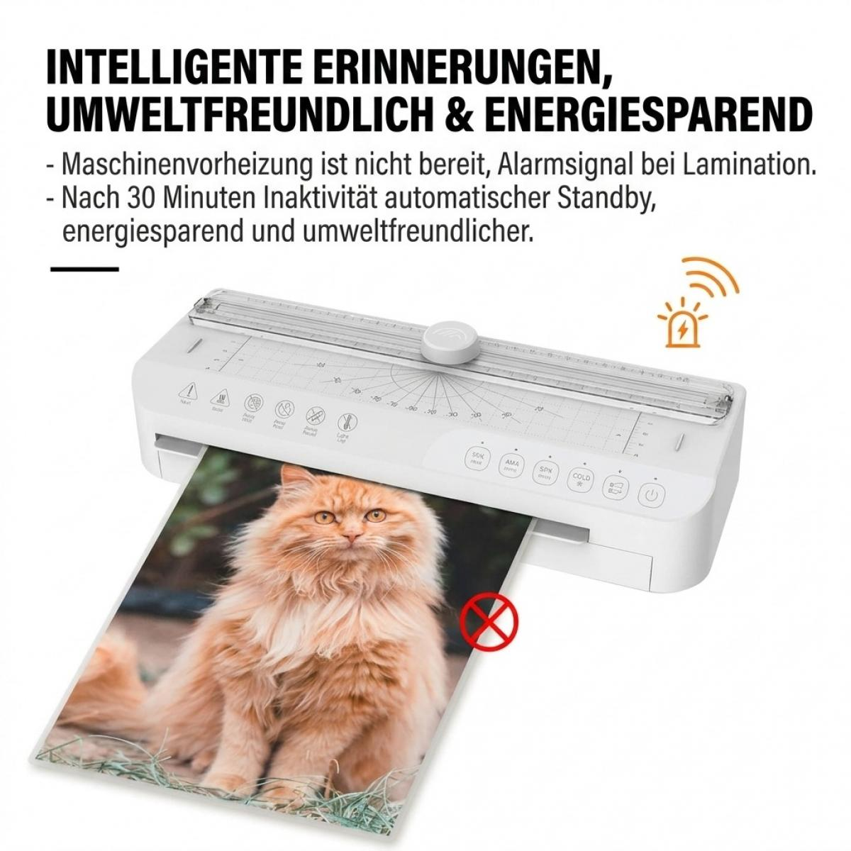Ein weißes Laminiergerät gibt ein Foto einer orangefarbenen Katze aus. Text hebt smarte Funktionen hervor.