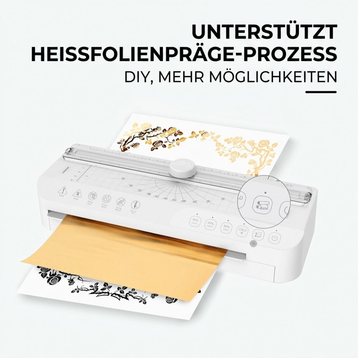 Eine weiße Laminier- und Foliendruckmaschine verarbeitet Papier mit goldener Heißfolie und floralem Muster.