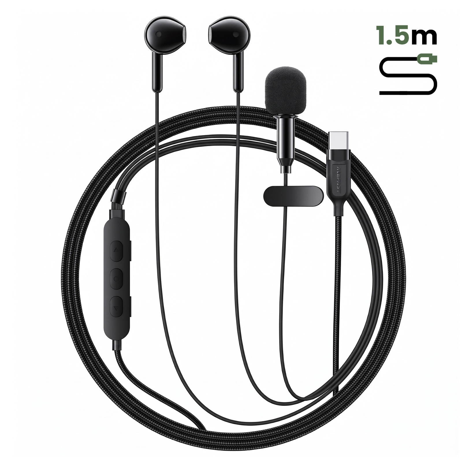 Schwarzes kabelgebundenes Headset mit In-Ear-Kopfhörern, Mikrofon und USB-C-Anschluss.