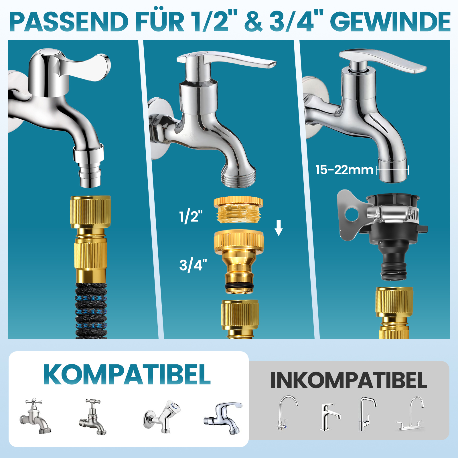 Drei Chromarmaturen mit Adaptern und Schlauchanschlüssen zeigen kompatible und inkompatible Typen.