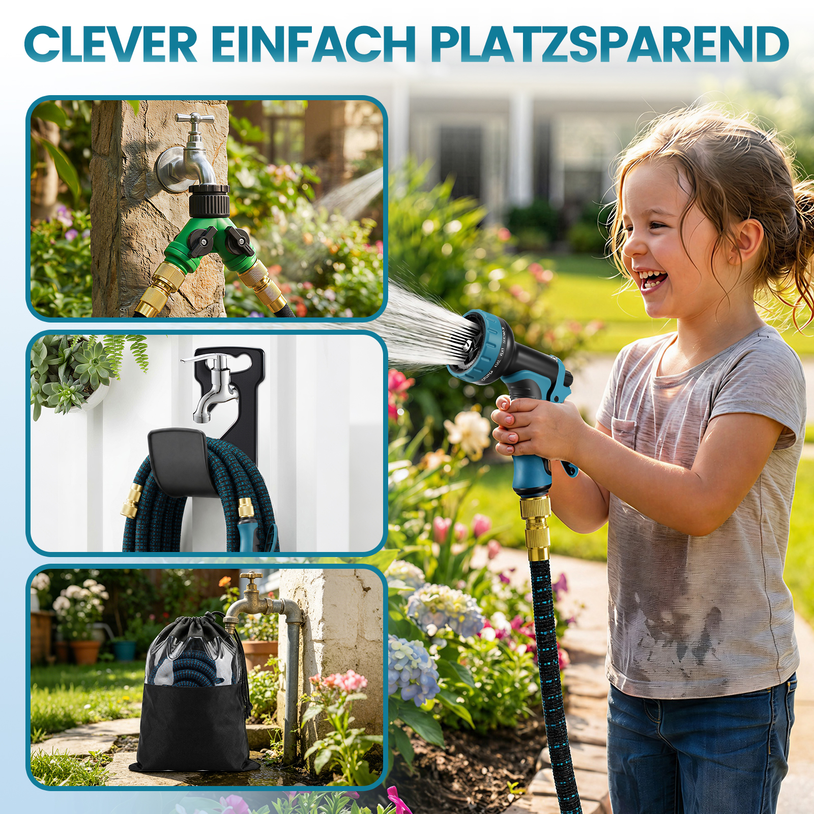 Ein glückliches Mädchen gießt Blumen mit einem Gartenschlauch, während Nebeneinstellungen Zubehör und Aufbewahrung zeigen.