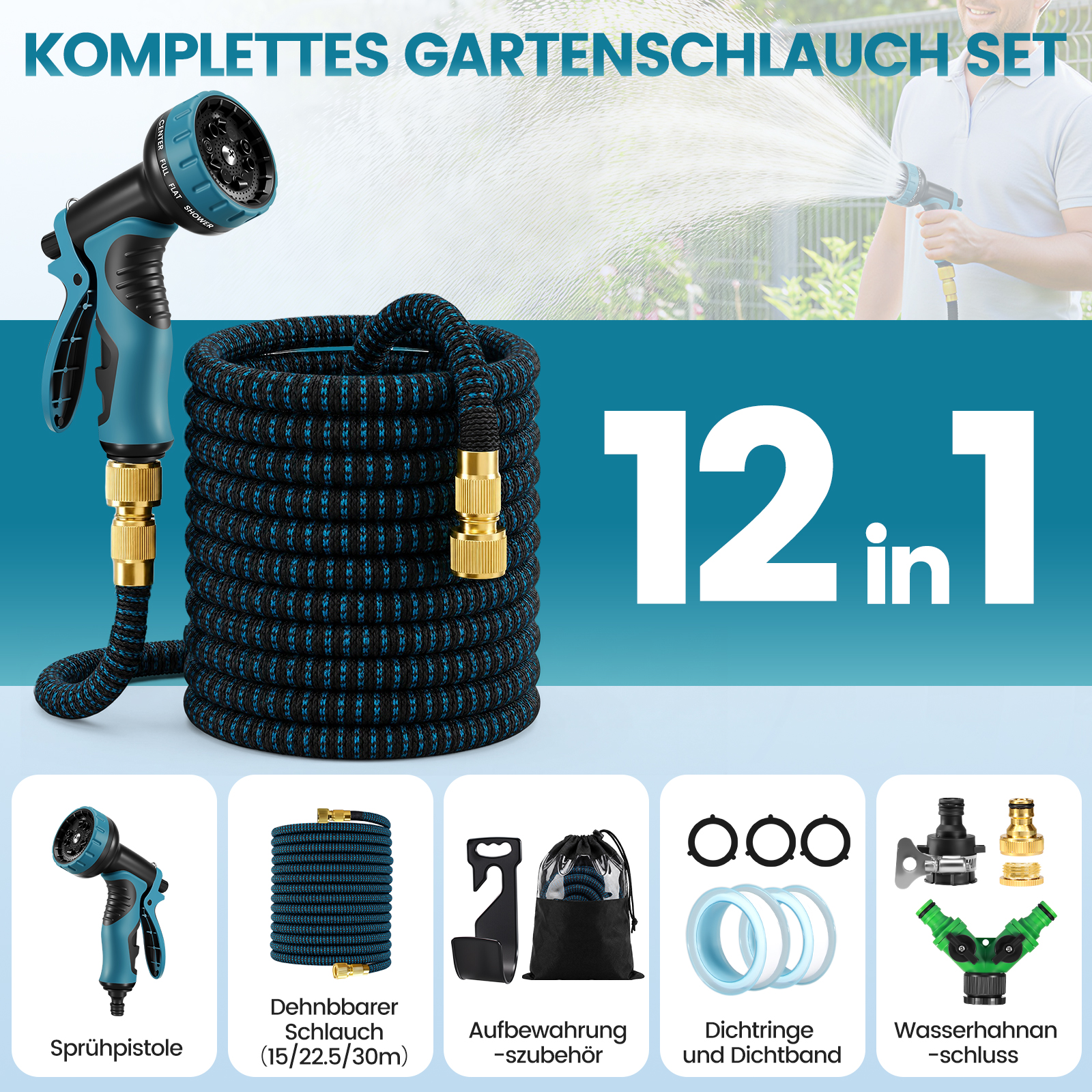 Ein 12-in-1 Gartenschlauch-Set mit blauer Sprühpistole, dehnbarem Schlauch, Halterung und Zubehör auf blauem Hintergrund.