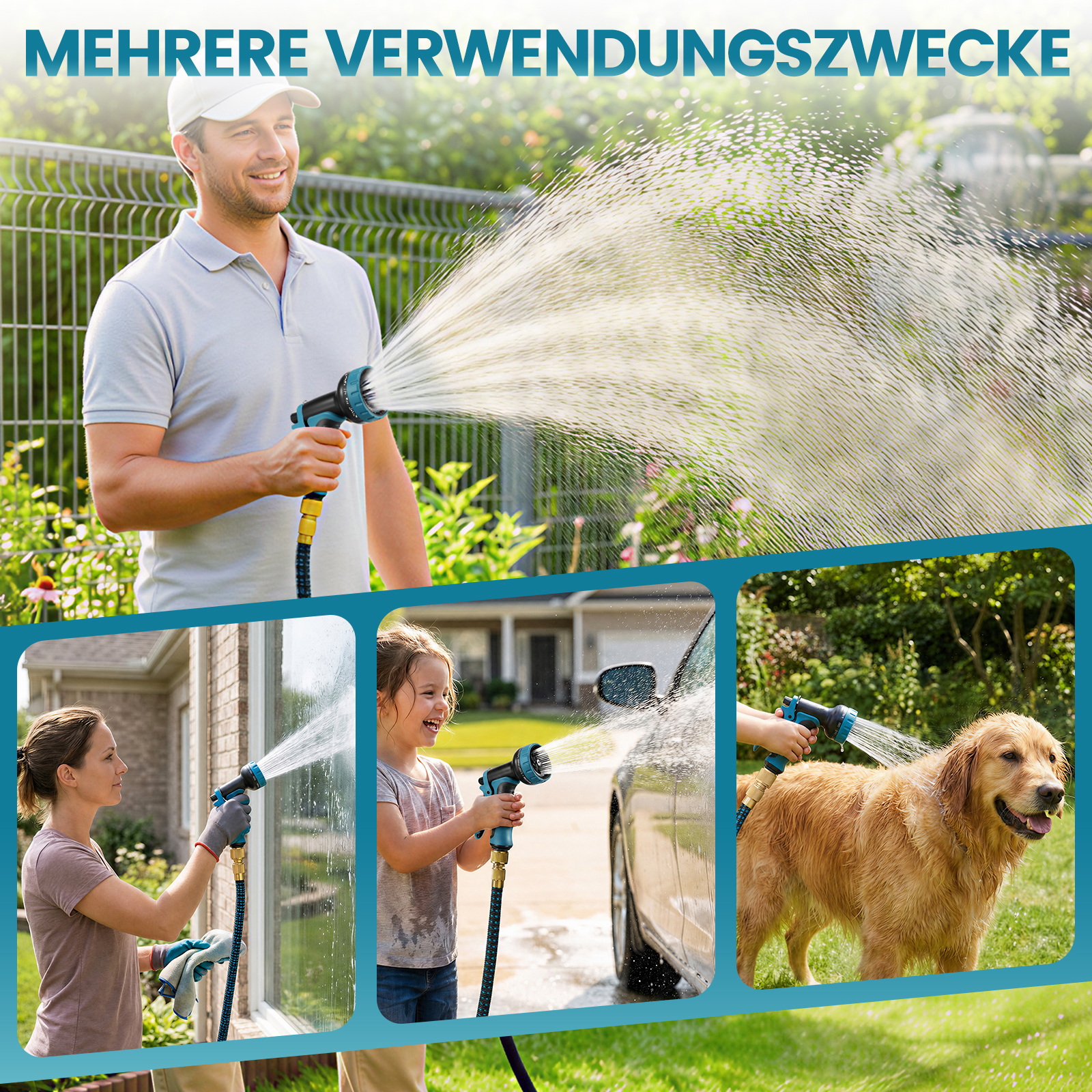 Ein Mann, eine Frau, ein Kind und ein Hund nutzen einen Gartenschlauch für verschiedene Aufgaben.