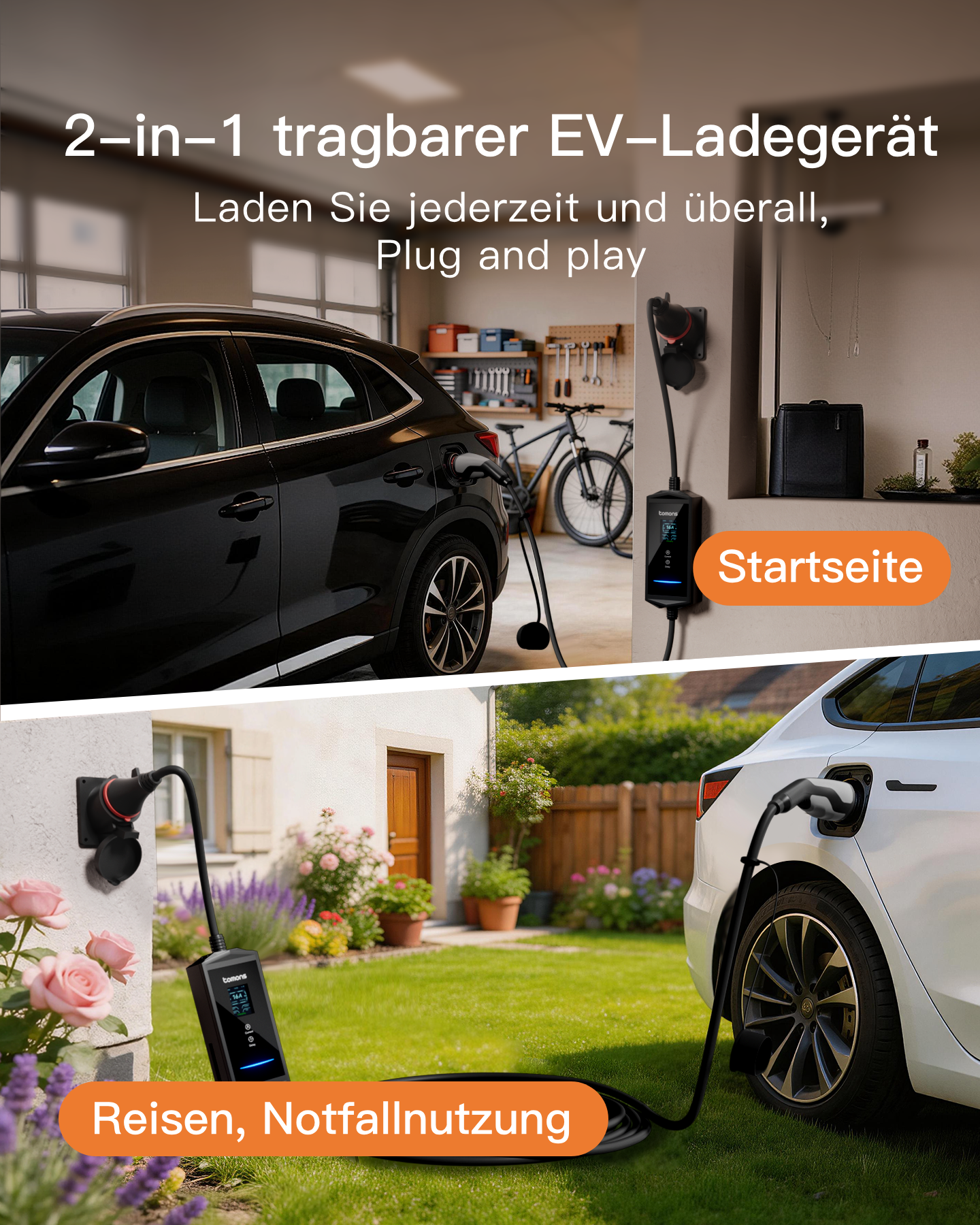 Ein tragbares EV-Ladegerät lädt ein schwarzes Auto in der Garage und ein weißes Auto im Garten.