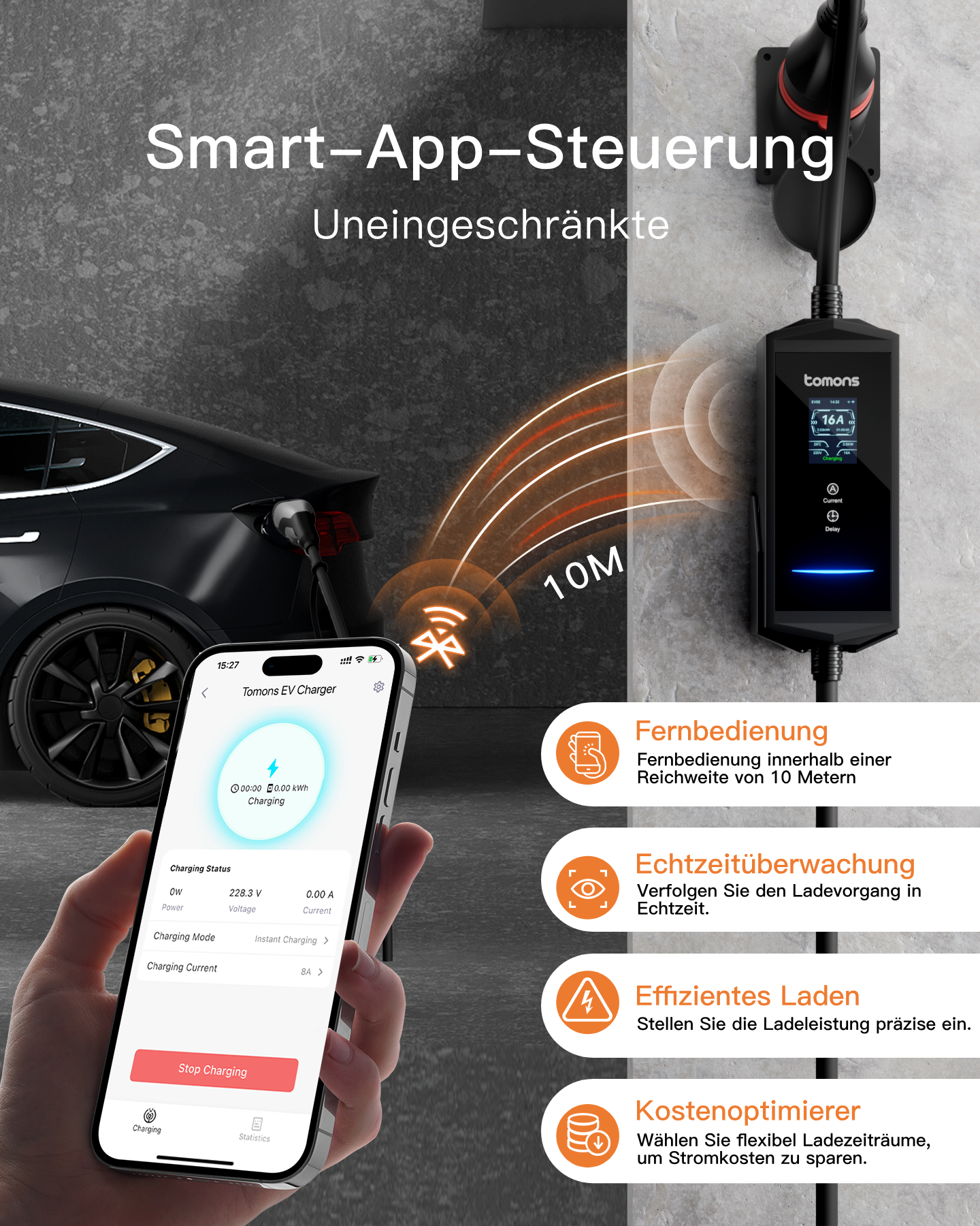 EV-Ladegerät mit Auto und App verbunden, die den Ladestatus über Bluetooth anzeigt.