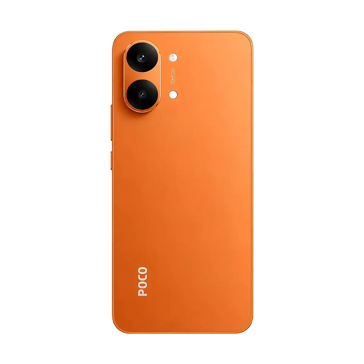Parte trasera de un smartphone naranja vibrante con dos cámaras y el logotipo de POCO.