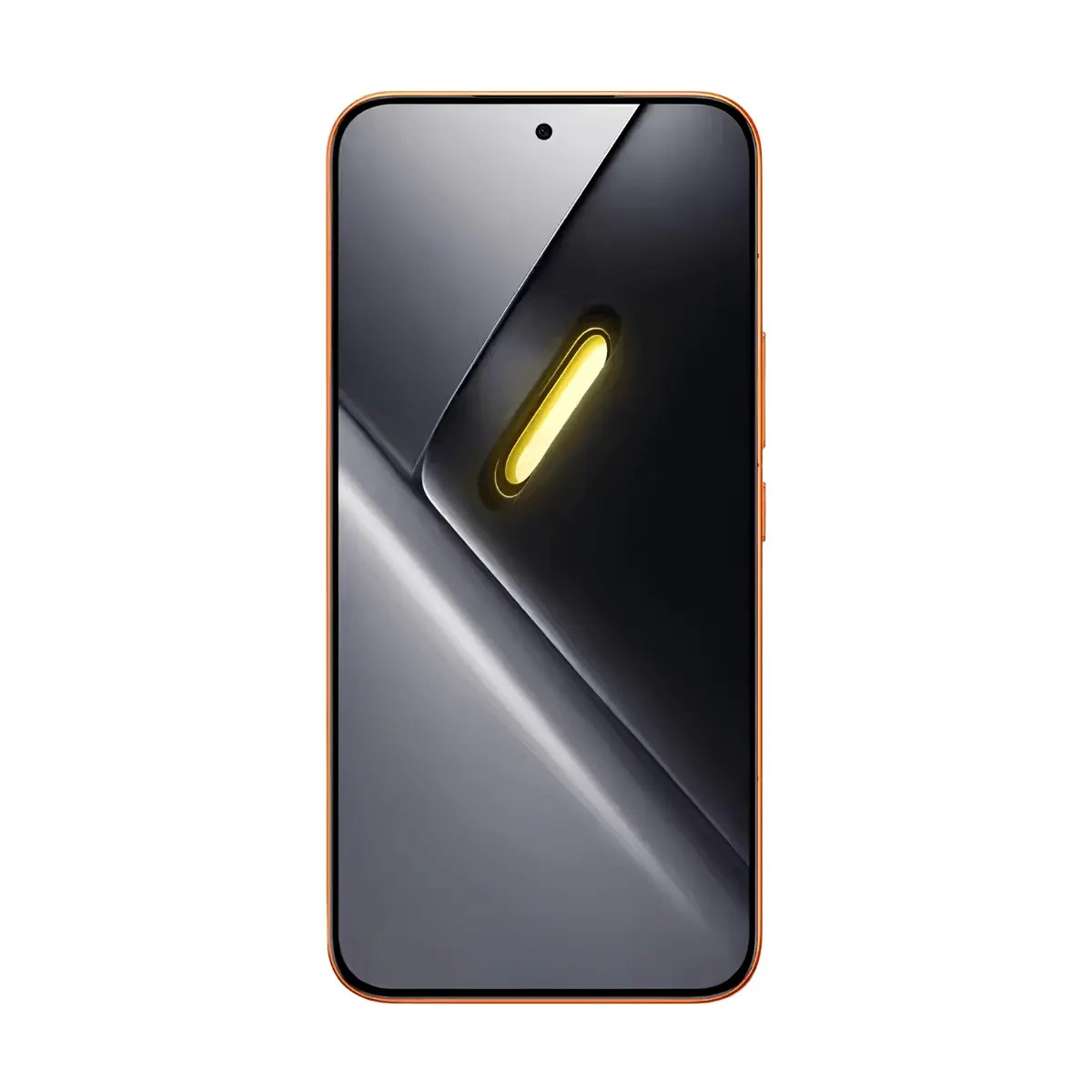 Un teléfono inteligente con marco naranja muestra una pantalla gris abstracta con un icono amarillo brillante en forma de píldora.