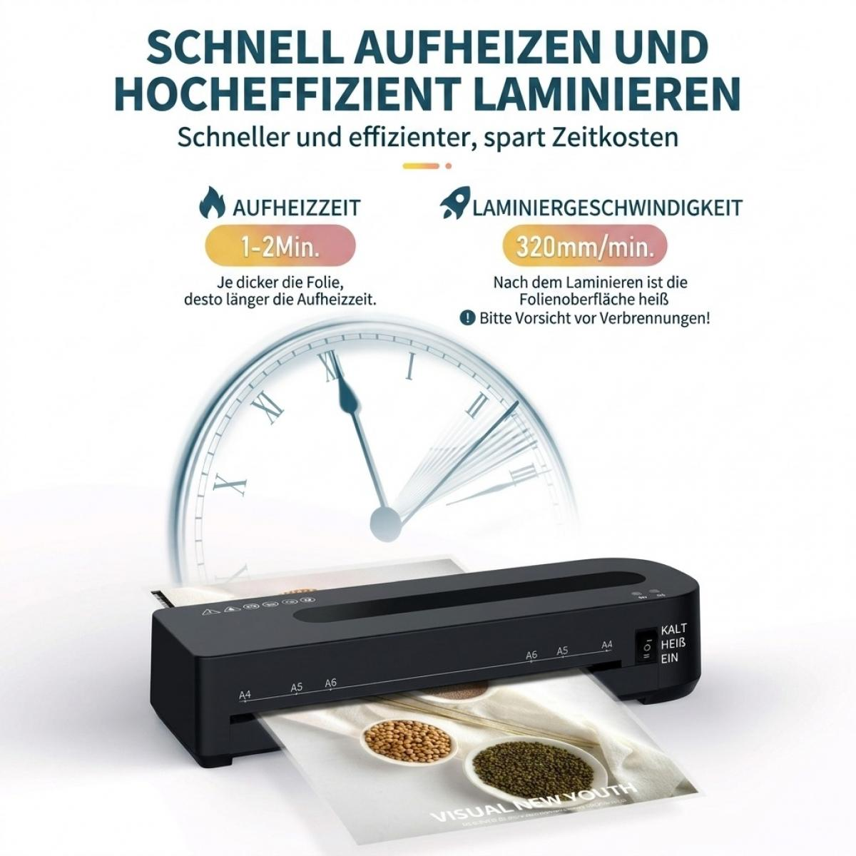 Schwarzes Laminiergerät mit Papierausgabe, Uhr und Infotext zur schnellen Aufheizzeit.