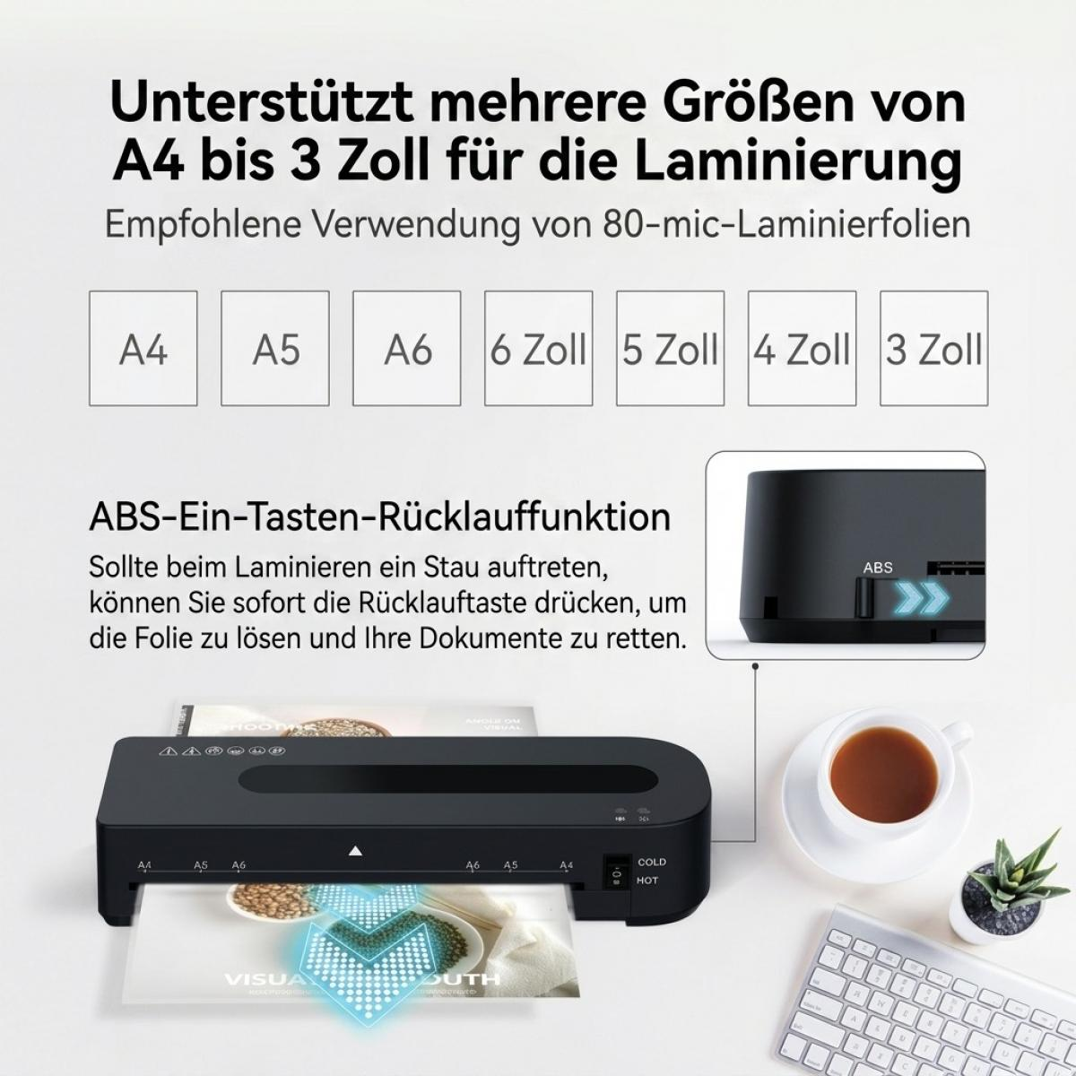 Schwarzes Laminiergerät mit ABS-Funktion, zeigt verschiedene Papierformate und Text auf einem hellen Hintergrund.