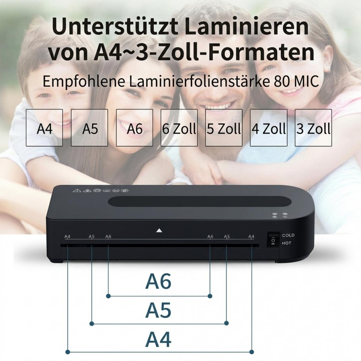 Schwarzes Laminiergerät vor einer lächelnden Familie mit deutscher Textüberlagerung.