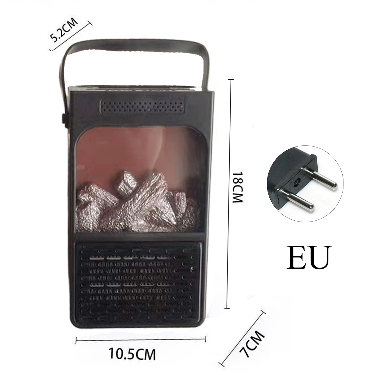 Ein schwarzer Mini-Kaminheizer mit den Maßen 10,5x7x18 cm und EU-Stecker.