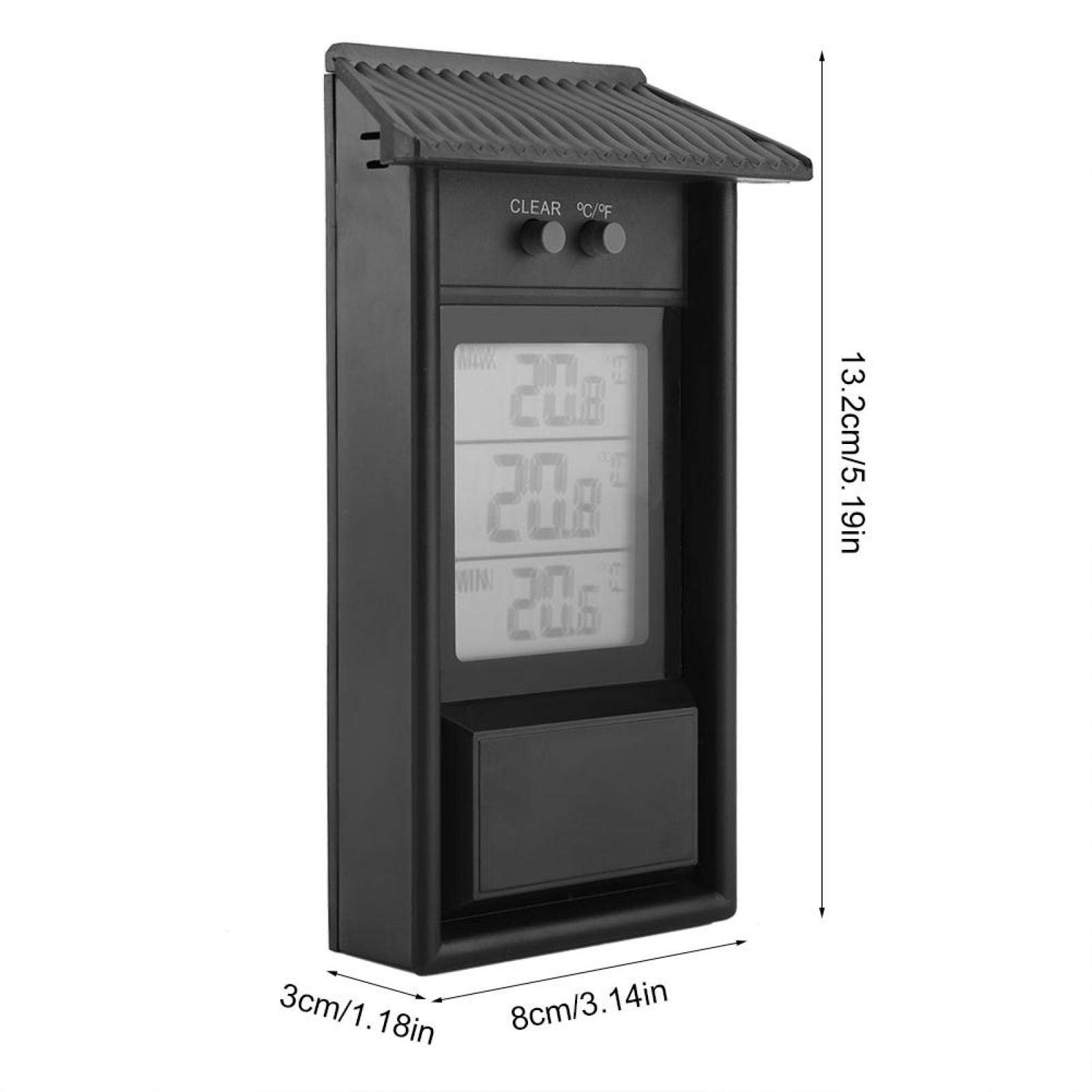 Ein schwarzes Digitalthermometer mit Dach und drei LCD-Displays, mit Maßangaben.