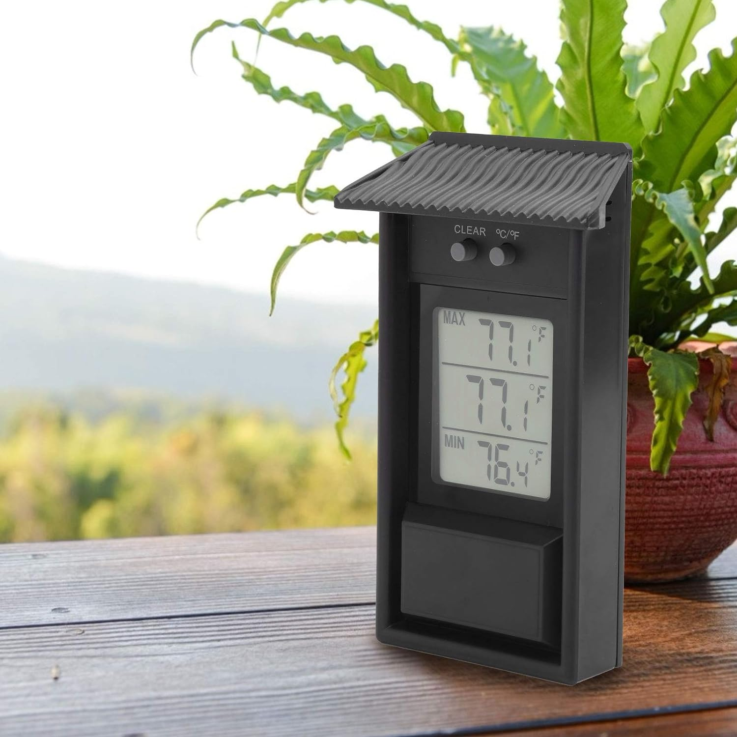 Ein schwarzes Thermometer mit Digitalanzeige steht auf einem Holztisch vor einer Topfpflanze.