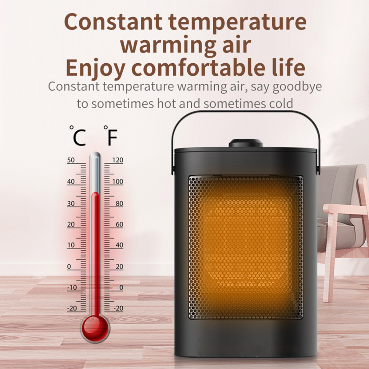 Ein schwarzer, tragbarer Heizlüfter leuchtet orange, daneben ein Thermometer mit Skalen.