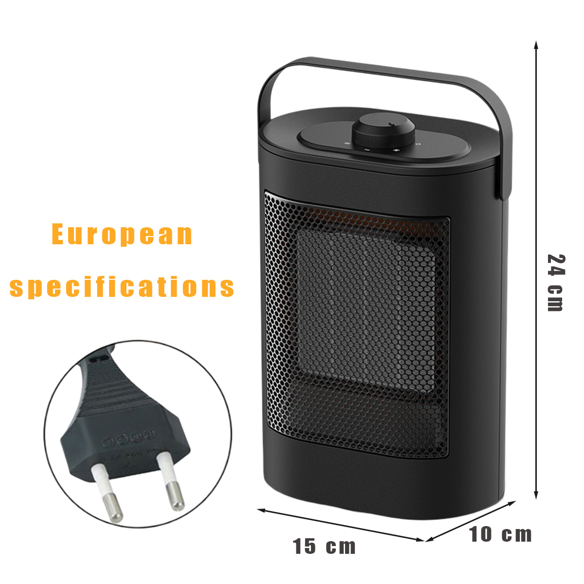 Schwarzer Raumheizer mit Griff, Maßen (24x15x10 cm) und europäischem Stecker.
