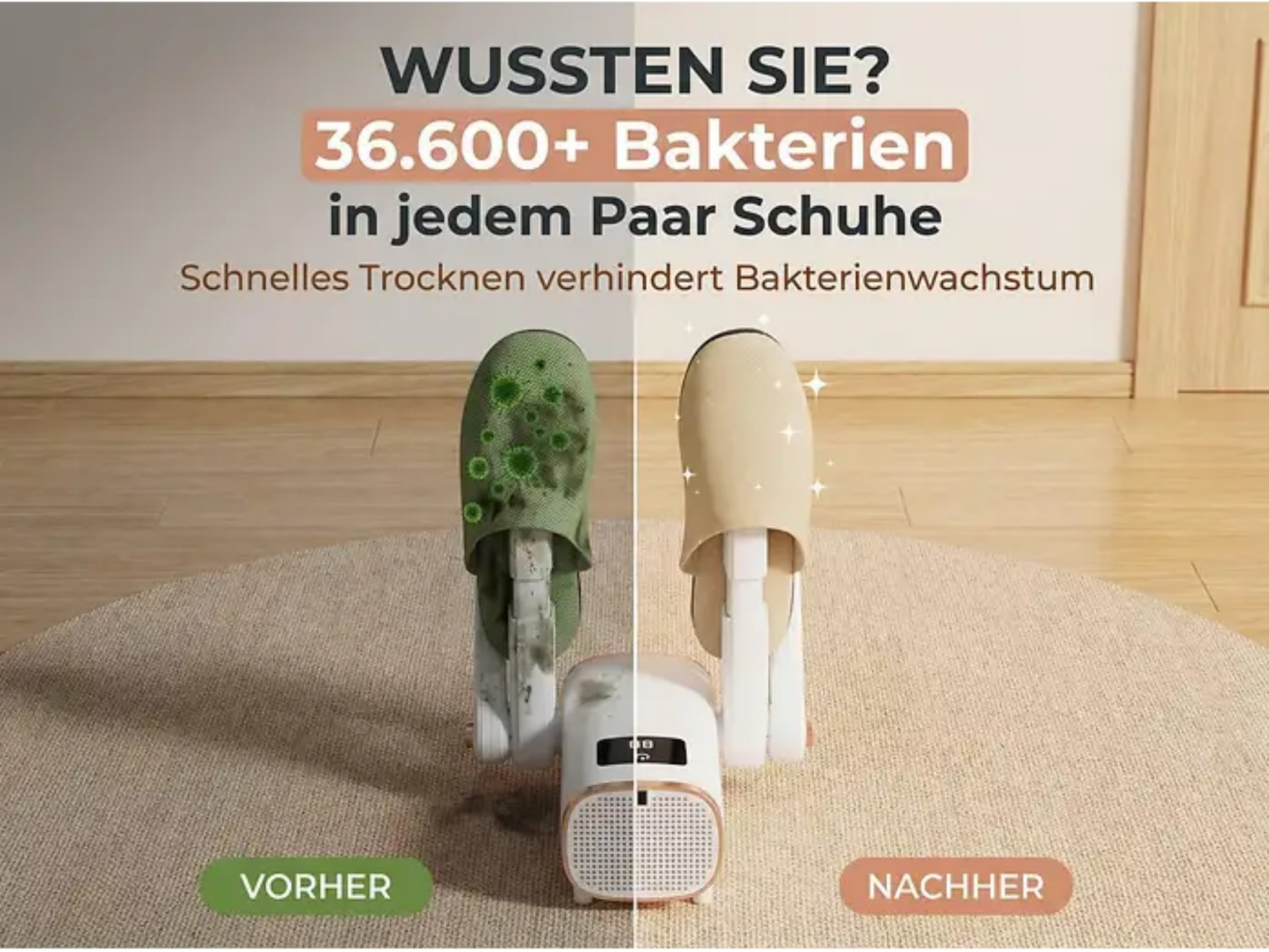 Vergleich von Schuhen vor und nach der Trocknung mit einem Gerät, das Bakterienwachstum verhindert.
