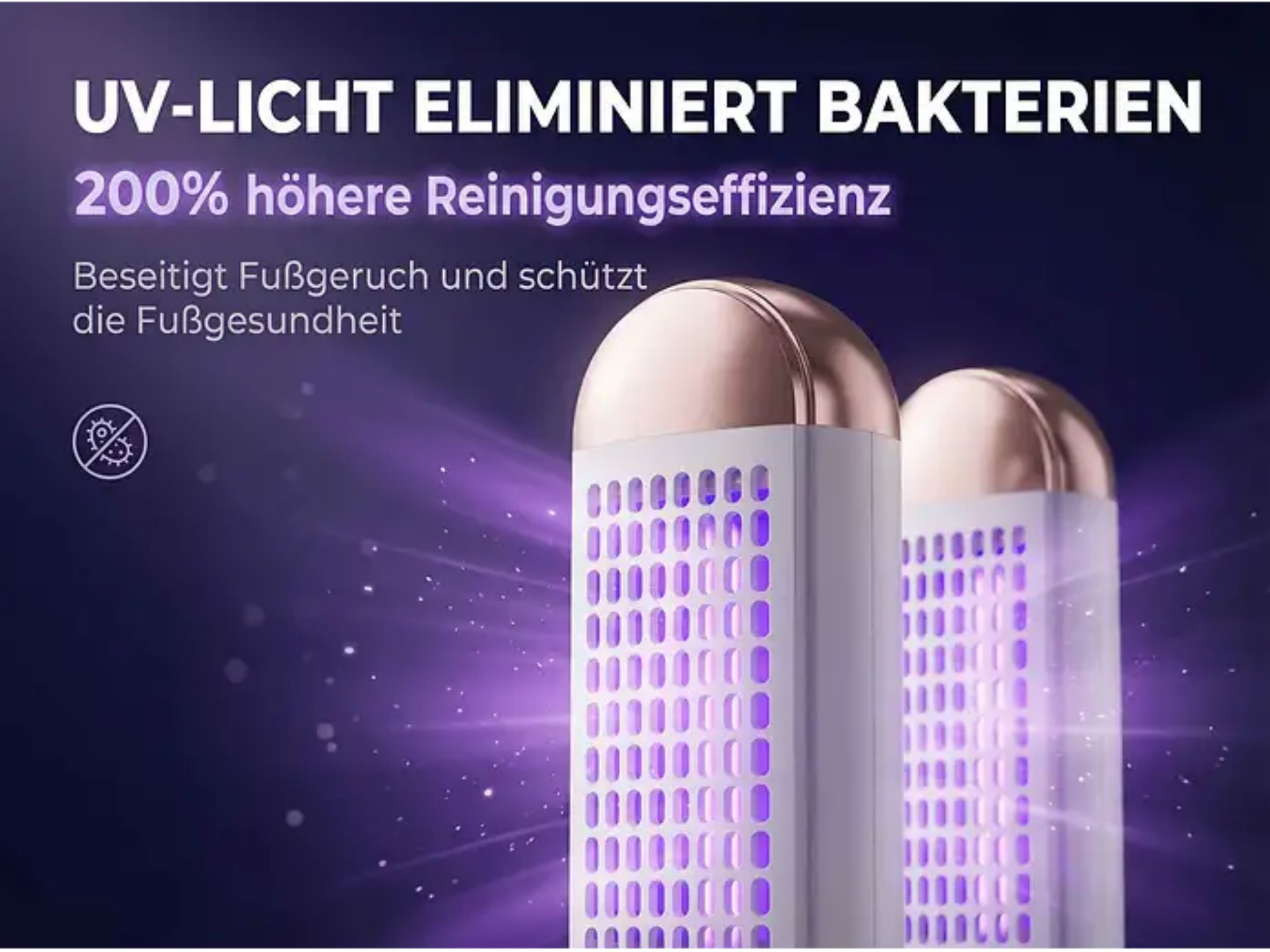 Zwei weiß-goldene UV-Geräte zur Fußpflege leuchten violett vor dunklem Hintergrund mit Text.