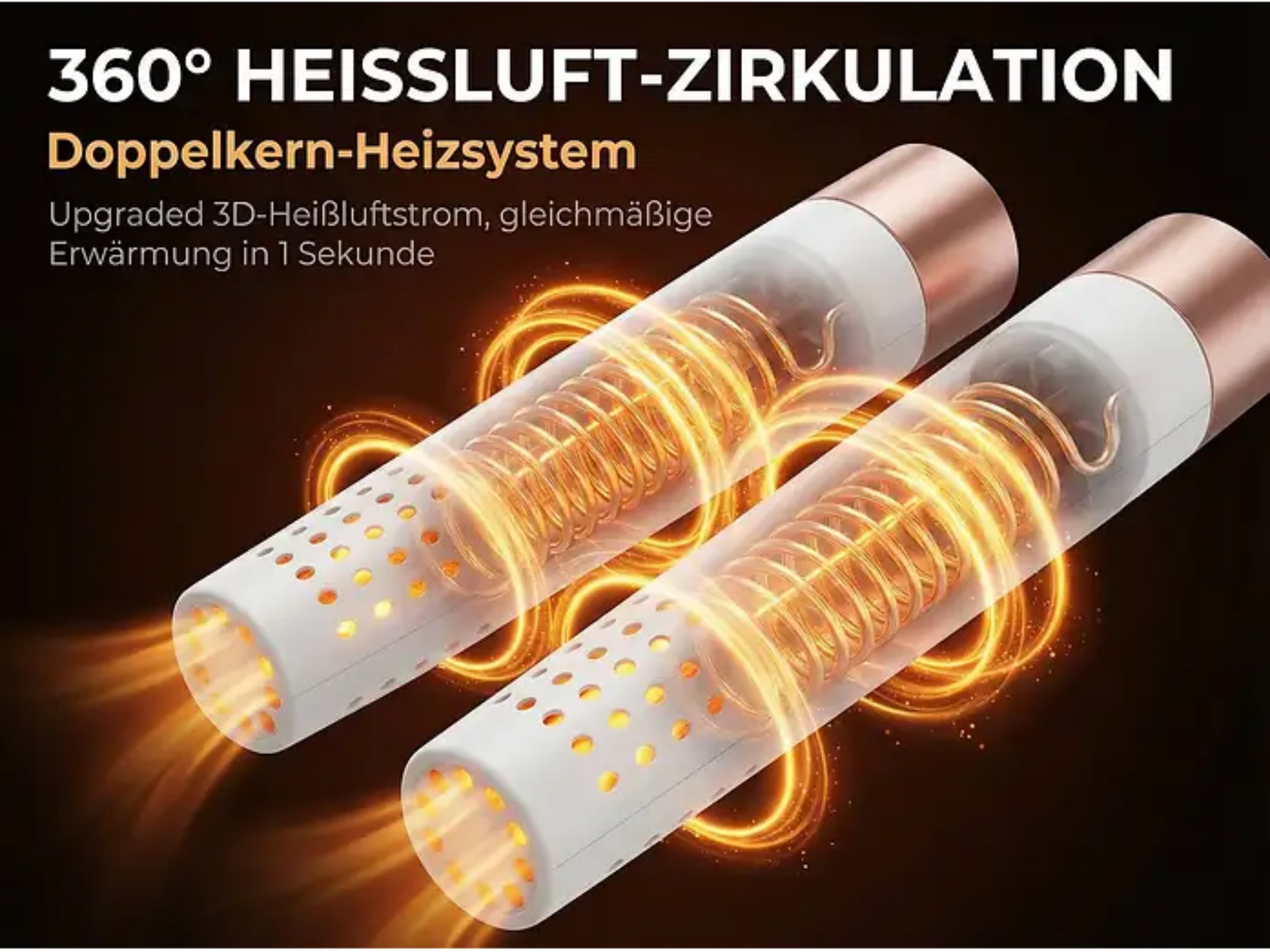 Zwei röhrenförmige Heizelemente mit leuchtenden orangefarbenen Spiralen und goldenen Enden vor dunklem Hintergrund.