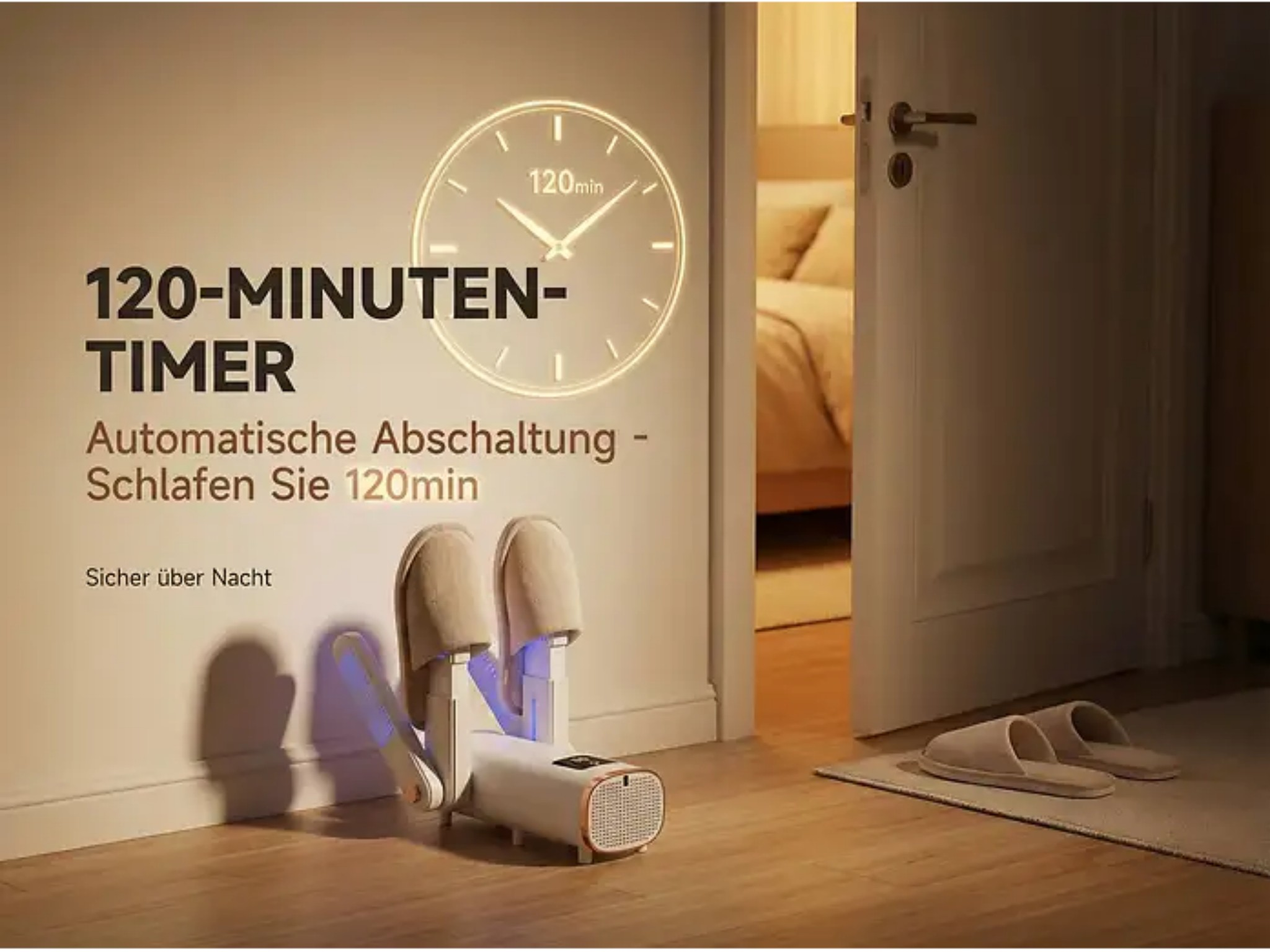 Ein Schuhtrockner mit Hausschuhen steht auf einem Holzboden und zeigt einen projizierten 120-Minuten-Timer an.