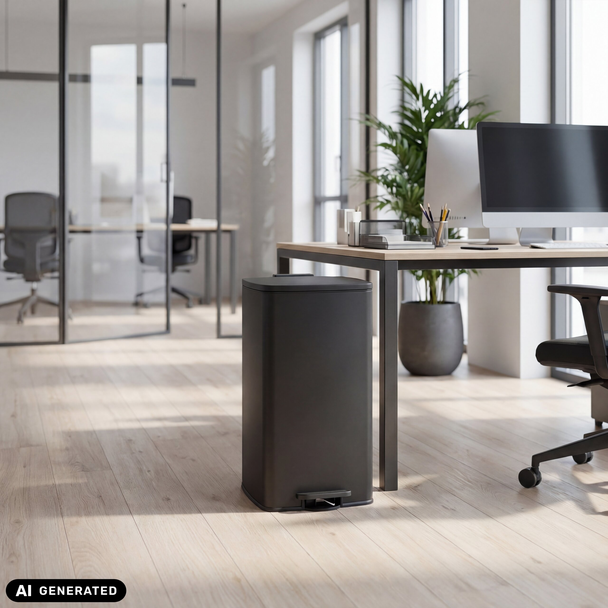 Ein schwarzer Treteimer steht auf dem Holzboden in einem modernen Büro neben einem Schreibtisch mit Computer.
