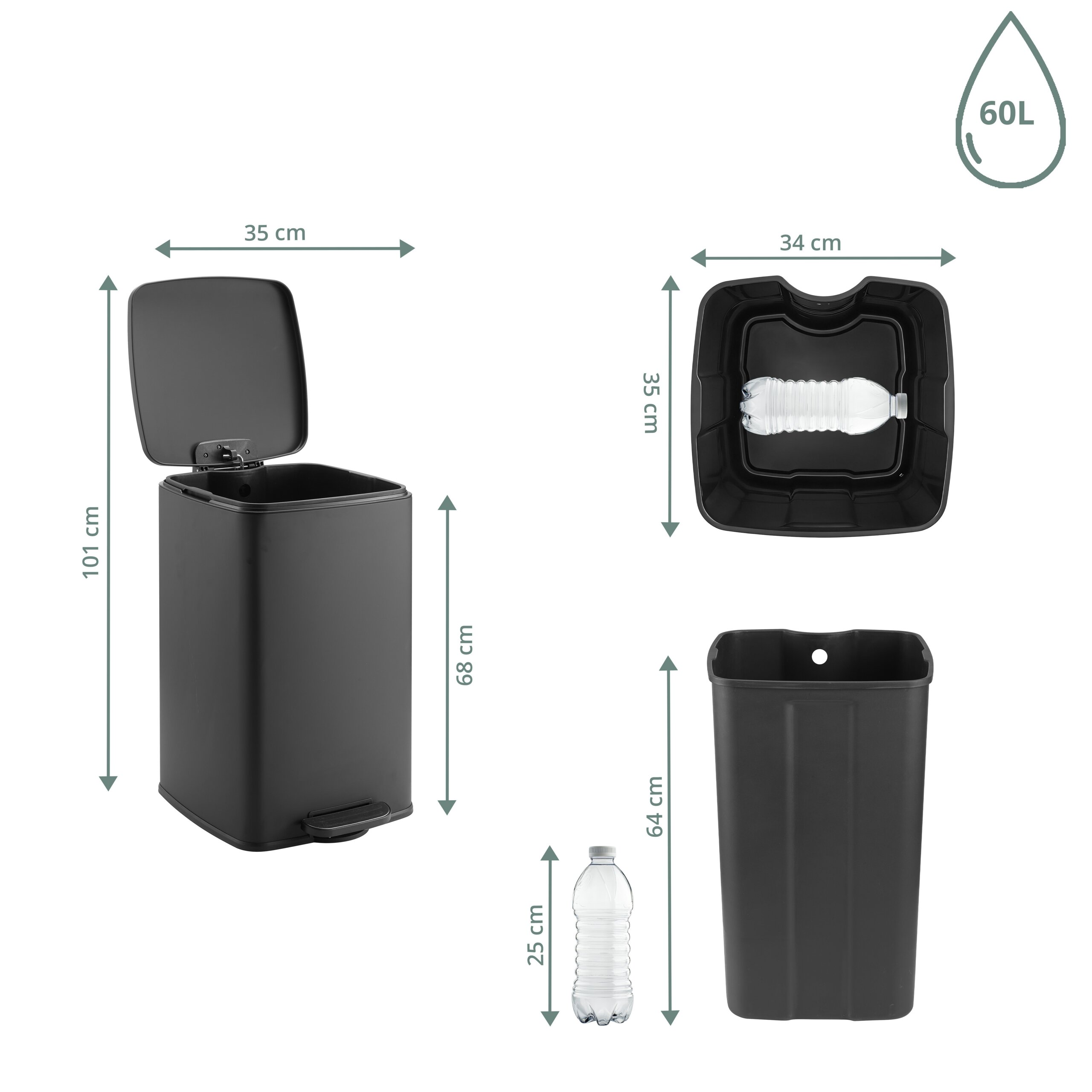 Technische Zeichnung mit Maßen sowie Ansichten von oben, innen und außen eines schwarzen 60L-Treteimers.